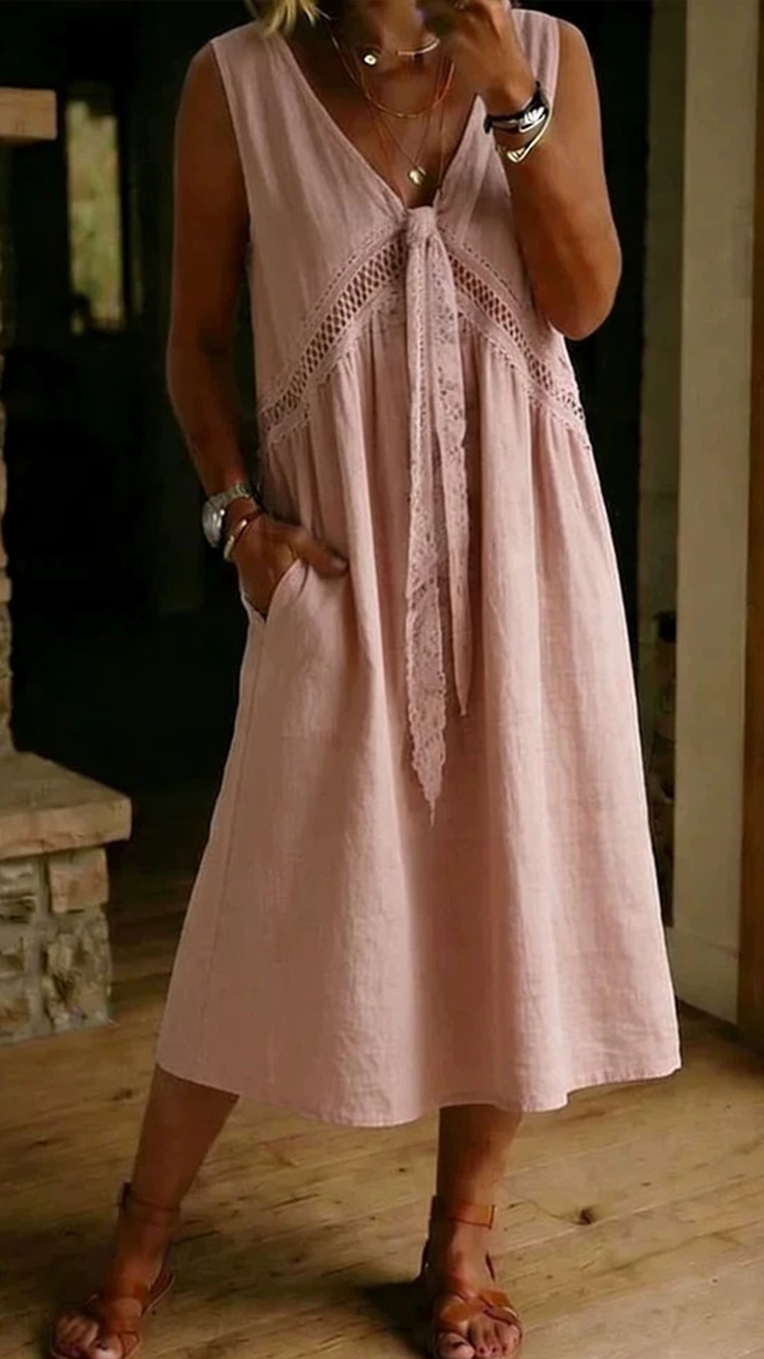 Women's Cotton‑blend V‑neck Lace Hollow Tie‑detail Sleeveless Midi Dress - Nordfashionstorm - Women's Clothing, Fashion for You - Nordfashionstorm.com