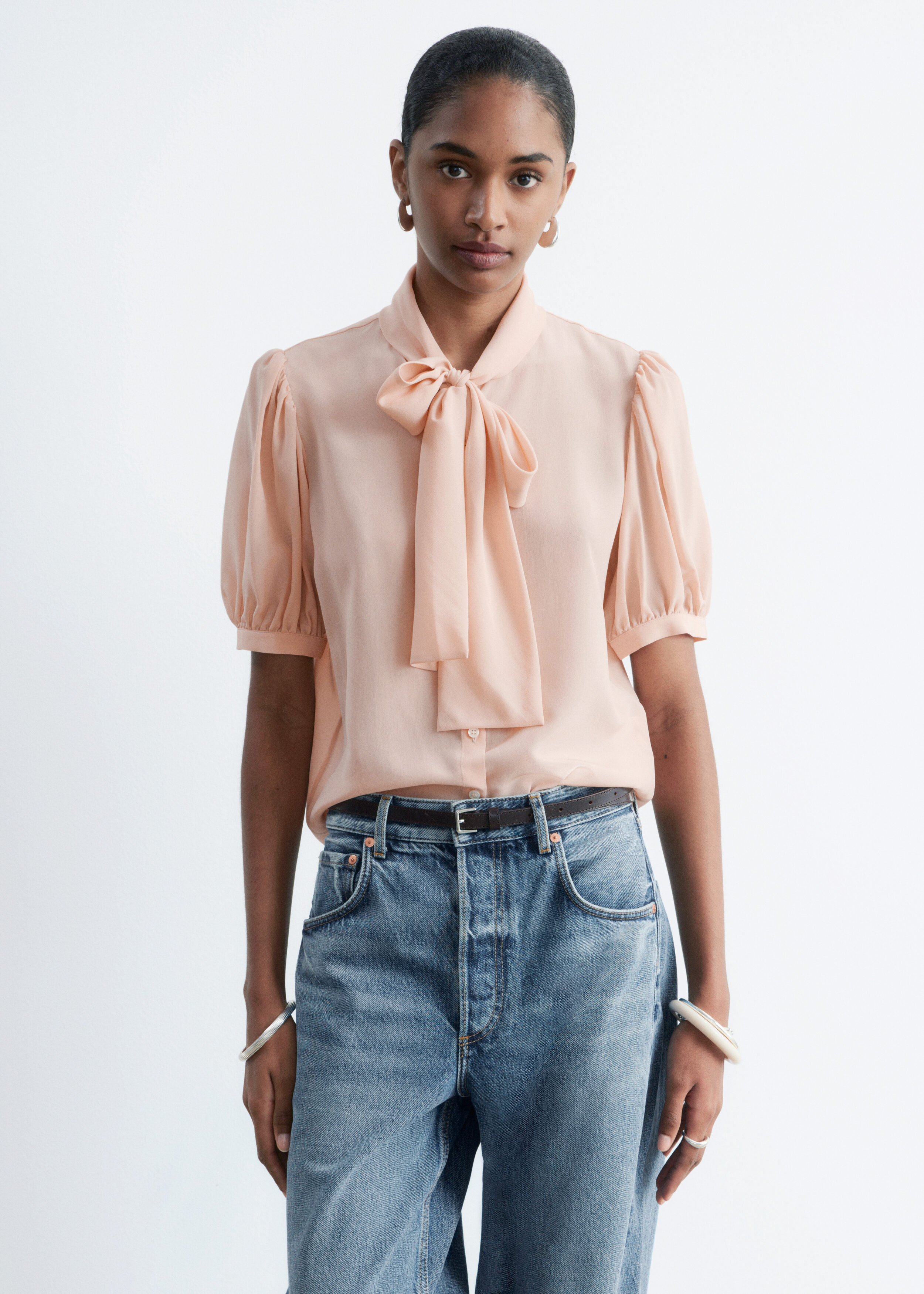 & Other Stories PRINTED TIE-NECK SILK BLOUSE