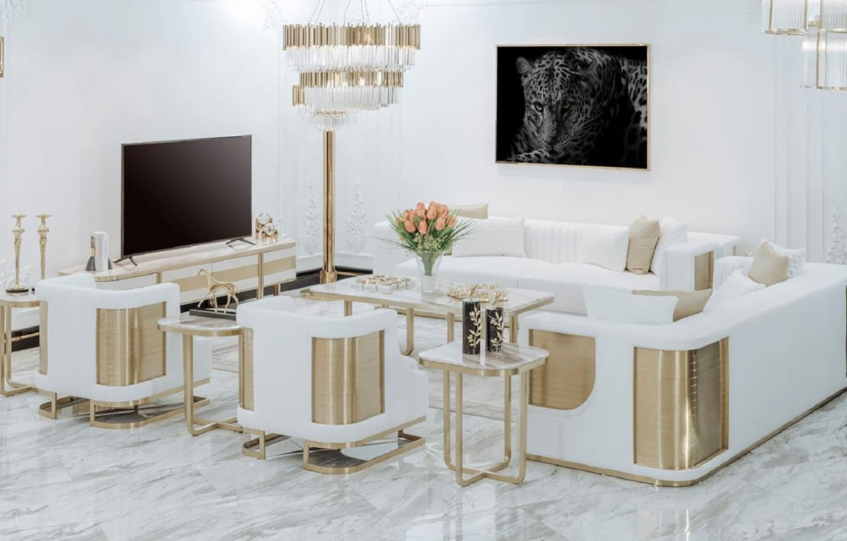 Luxury sofa white / gold 290 x 98 x H. 72 cm - living room sofa - hotel sofa - living room furniture - living room furniture - hotel furniture - luxury furniture - luxury furniture