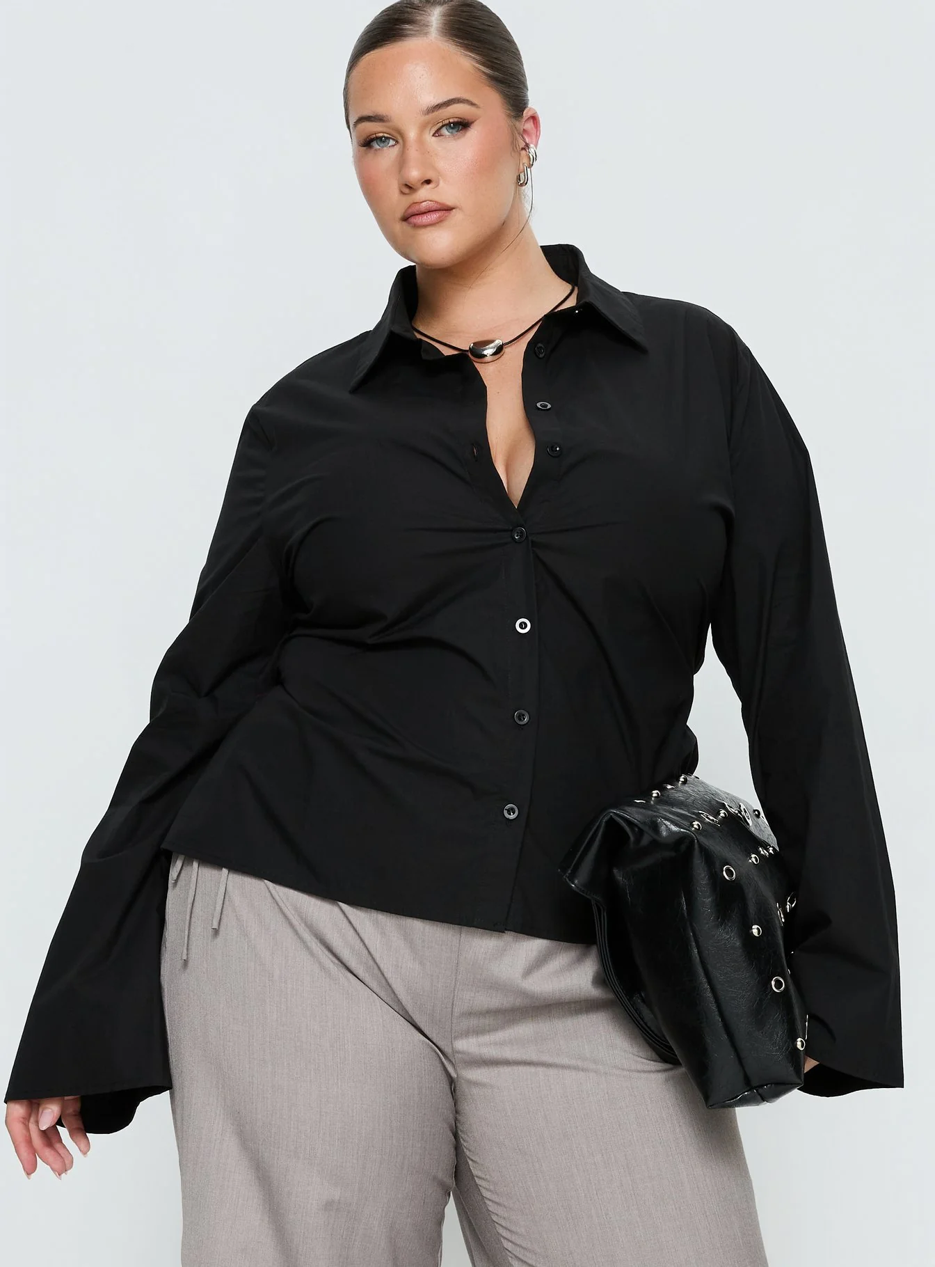 Eryx Tie Back Button Up Top Black Curve