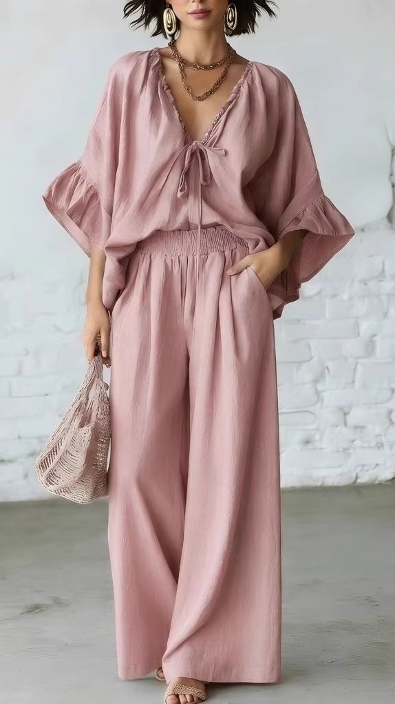 Women's Casual Vacation Two-Piece Set: Loose-Fit Cotton-Linen V-Neck Top and Wide-Leg Pants - Nordfashionstorm - Women's Clothing, Fashion for You - Nordfashionstorm.com
