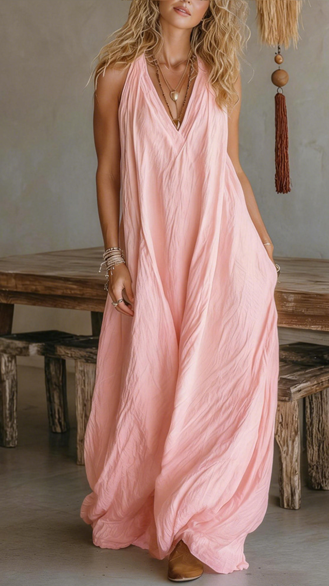 Women's Halter V-Neck Linen-Blend Maxi Dress - Nordfashionstorm - Women's Clothing, Fashion for You - Nordfashionstorm.com