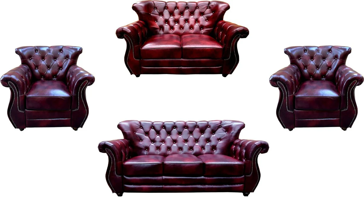 Luxury Chesterfield real leather living room set burgundy red / brown / silver - 2 leather sofas & 2 leather armchairs - Chesterfield furniture - living room furniture