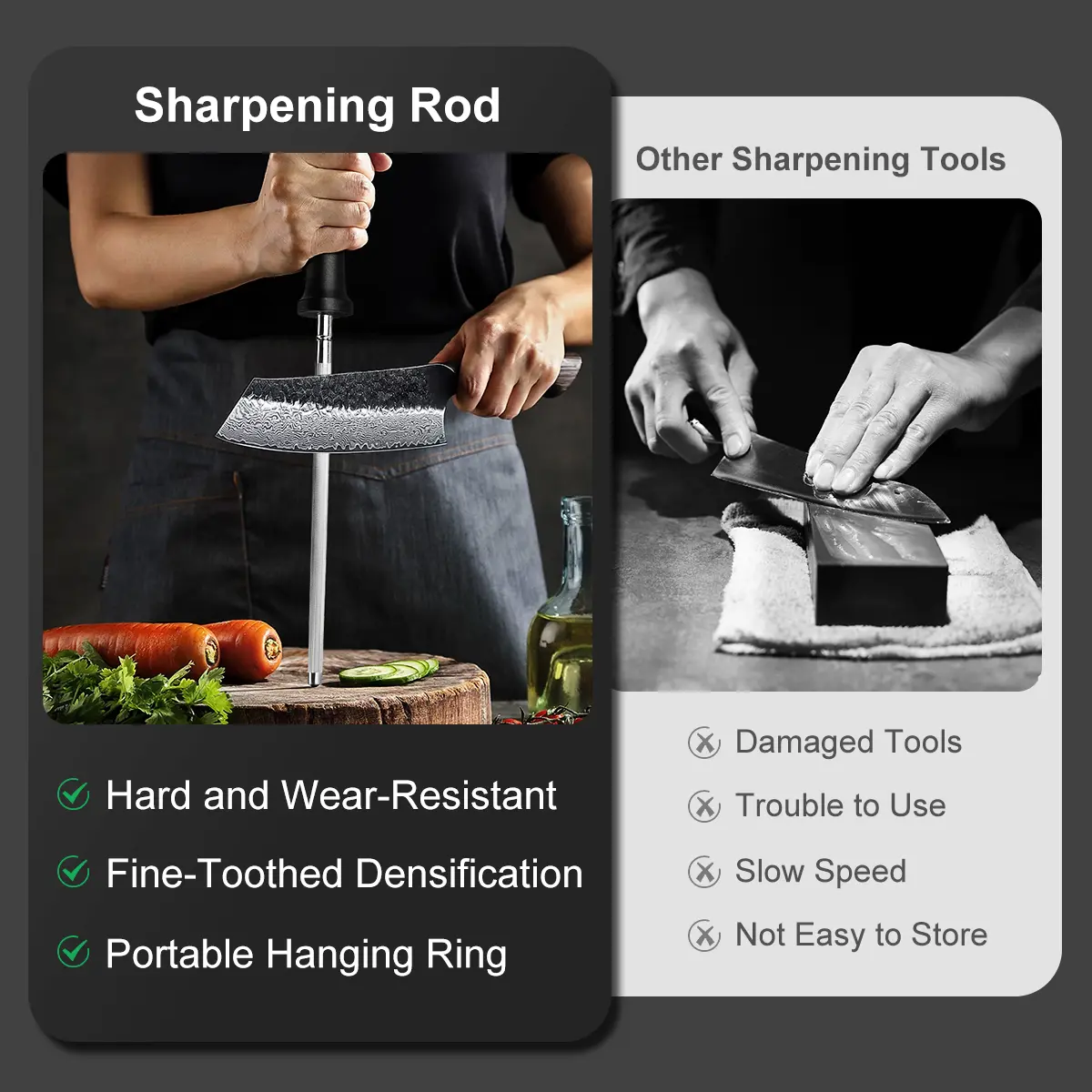 Knife Sharpener Rod Kitchen Knives Sharpener Professional Knife Sharpening Steel Honing Rod with Hanging Holes (13 inches) Black