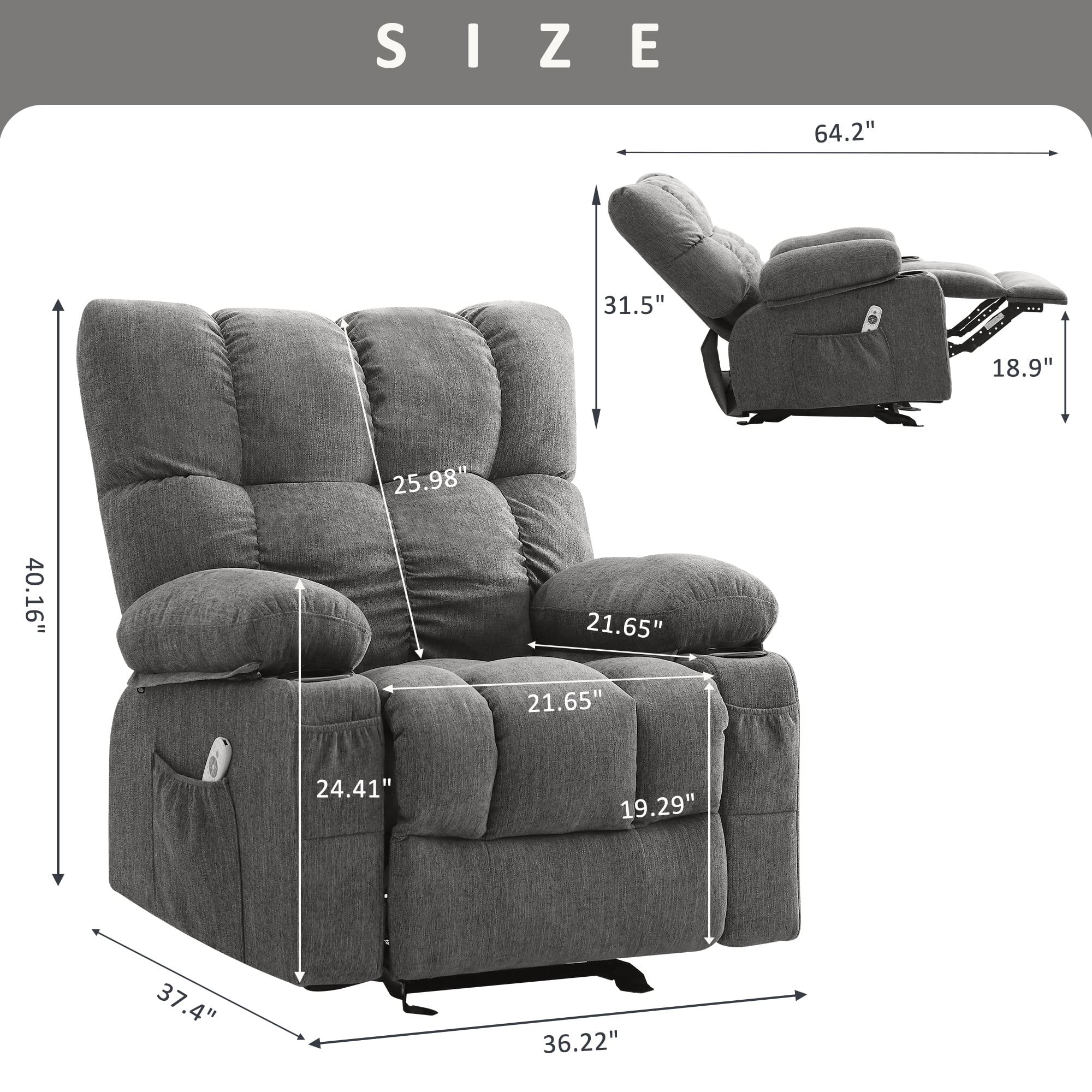 JONPONY Manual Recliner Chair with Heat Therapy and Massage Function, Heavy Duty Reclining Mechanism Massage Chair, Elderly Single Rocker Sofa with Cup Holders for Bedroom Home Theater, Grey