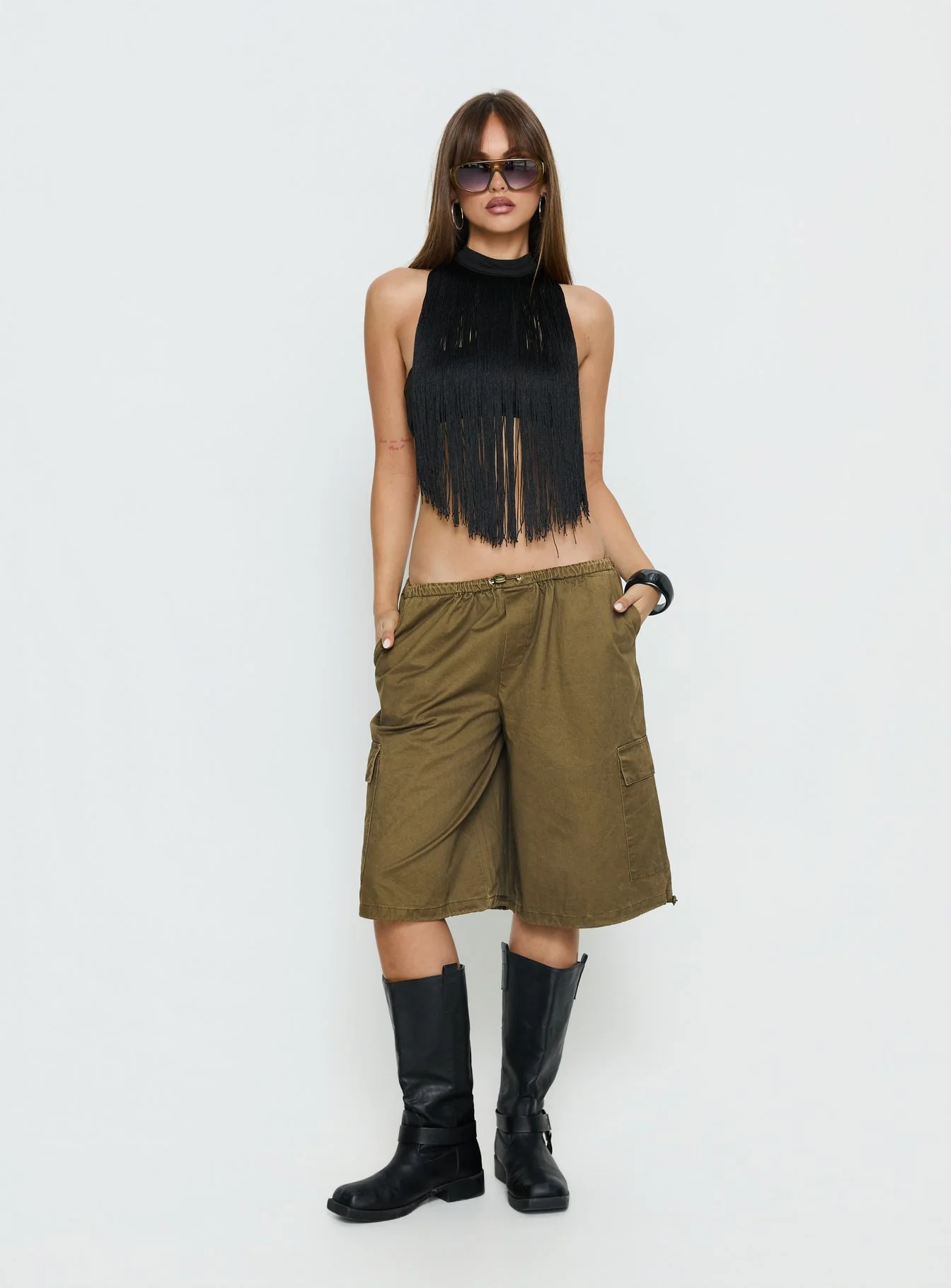 Zephyrine Fringe Asymmetrical Halter Top Black