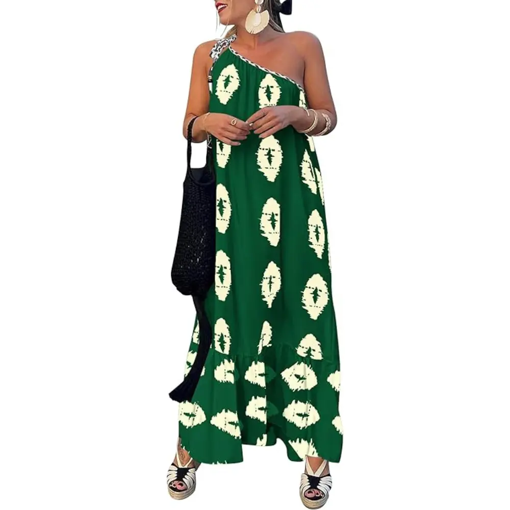 PrettyGarden Women's One Shoulder Spaghetti Strap Printed A Line Flowy Boho Maxi Long Sundress