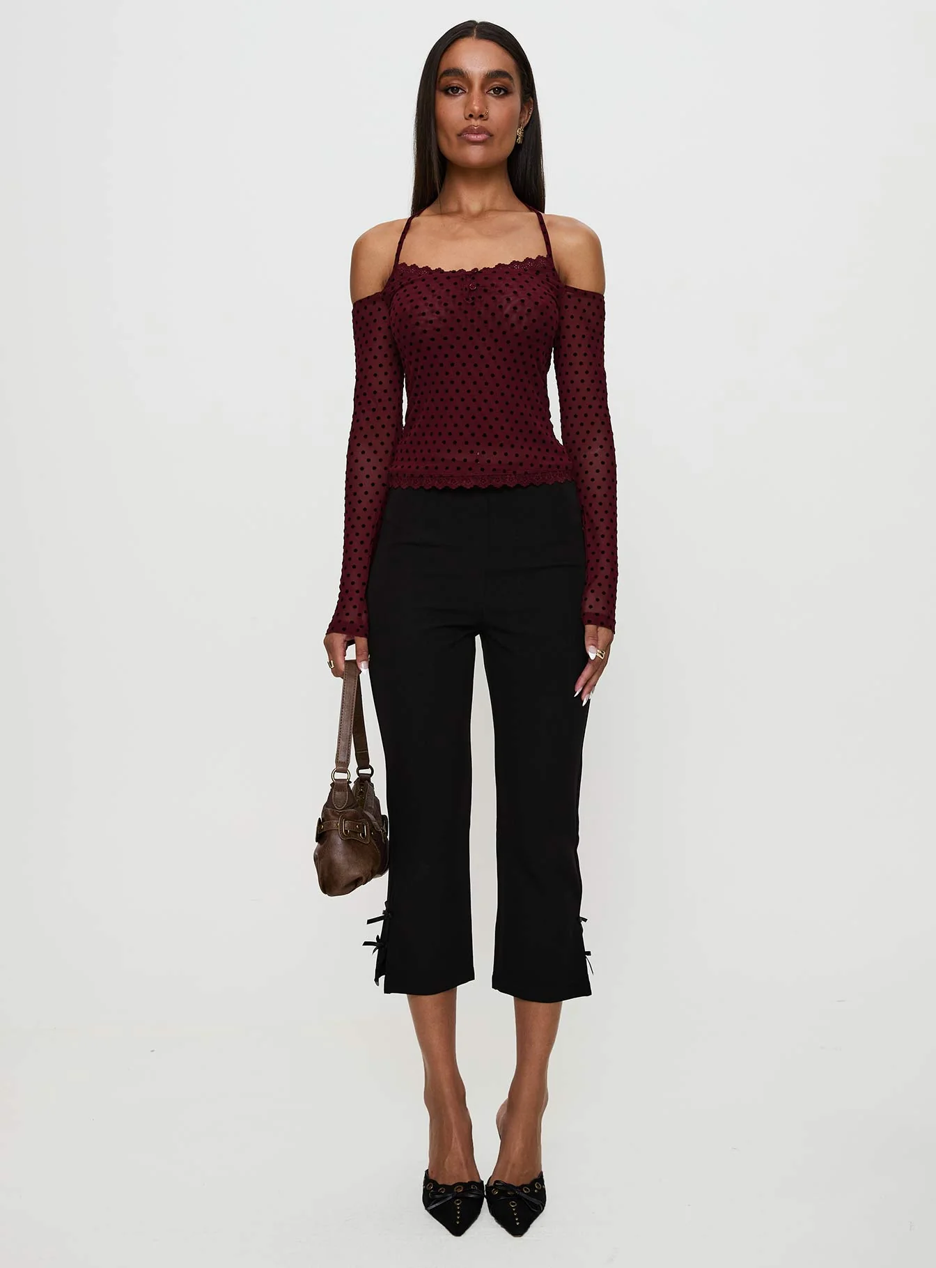 On My Side Off Shoulder Tie Neck Top Burgundy