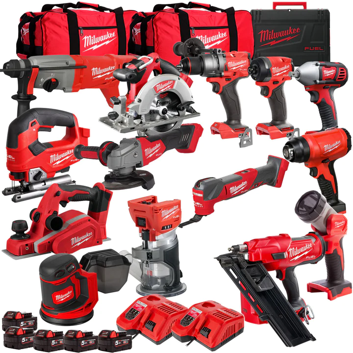 Milwaukee 18V 14 piece power tool kit with 5 x 5.0Ah batteries T4TM-50