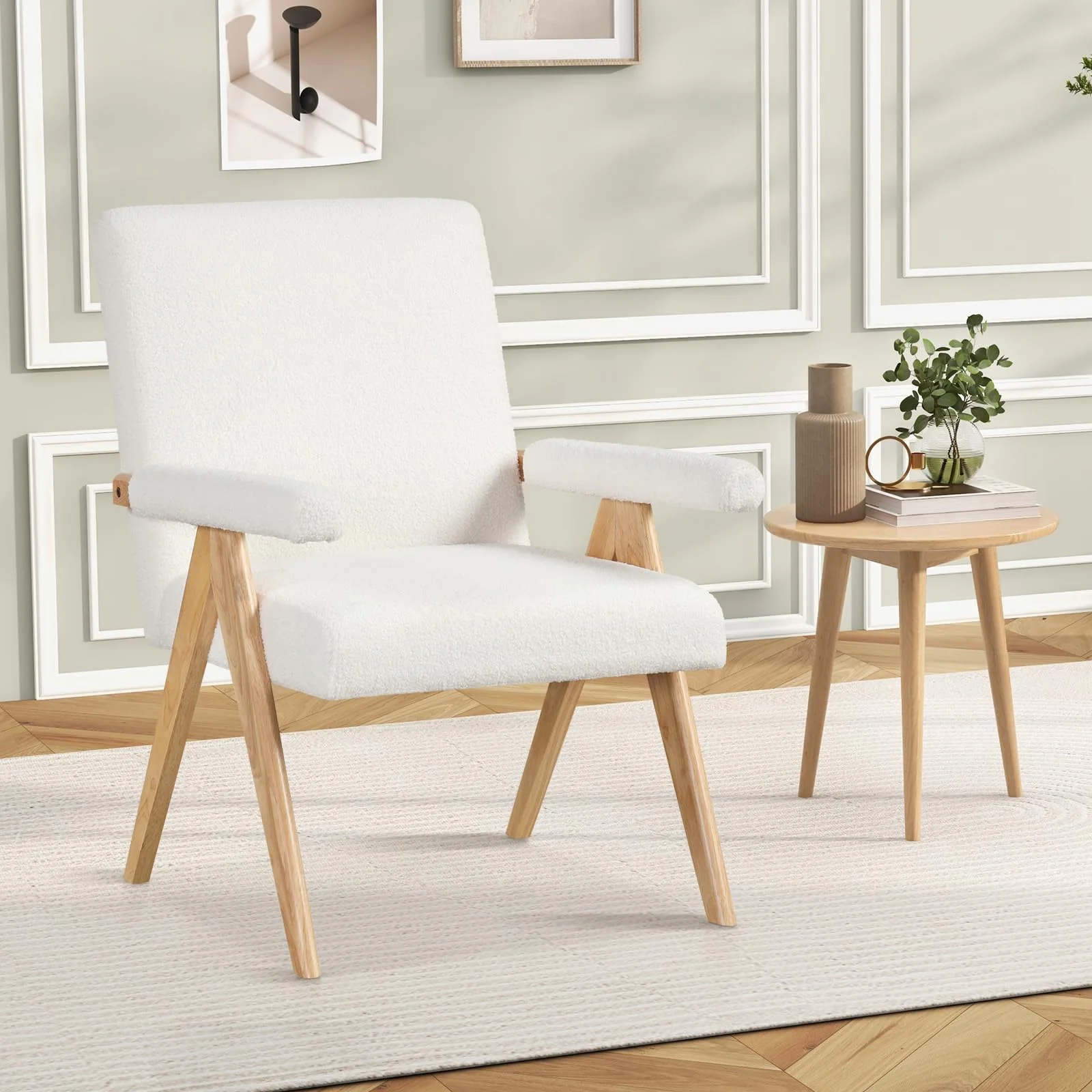 BEFOUNDLOVELY Mid-Century Modern Accent Chair, Sherpa Fabric Reading Chair with Padded Armrests, Solid Rubber Wood Frame