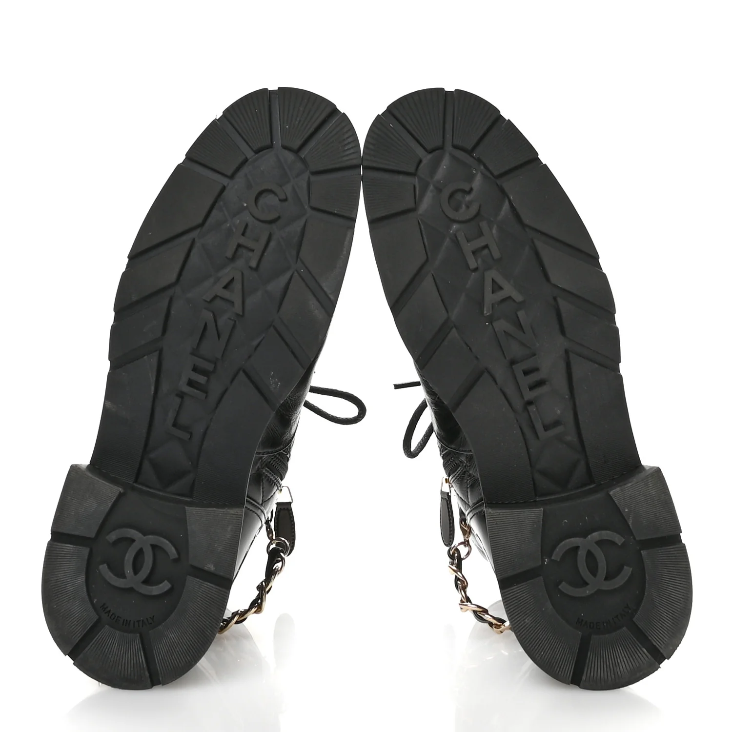 Shiny Calfskin Patent Quilted Chain Lace Up Combat Boots 40 Black - Top Club