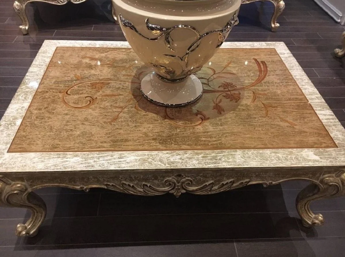 Luxury Baroque Living Room Set Gold / Antique Gold - 2 Sofas & 2 Armchairs & 1 Coffee Table & 2 Side Tables - Handcrafted Living Room Furniture in Baroque Style - Noble & Magnificent