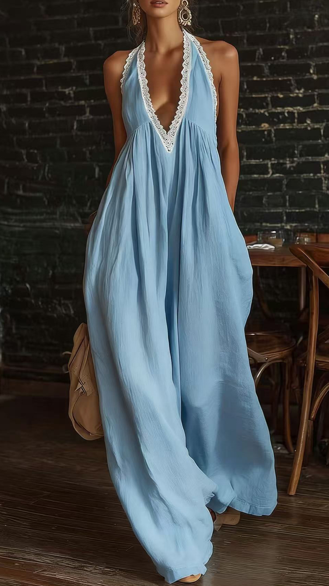 Women's Linen-Cotton Lace Halter Wide-Leg Jumpsuit - Nordfashionstorm - Women's Clothing, Fashion for You - Nordfashionstorm.com