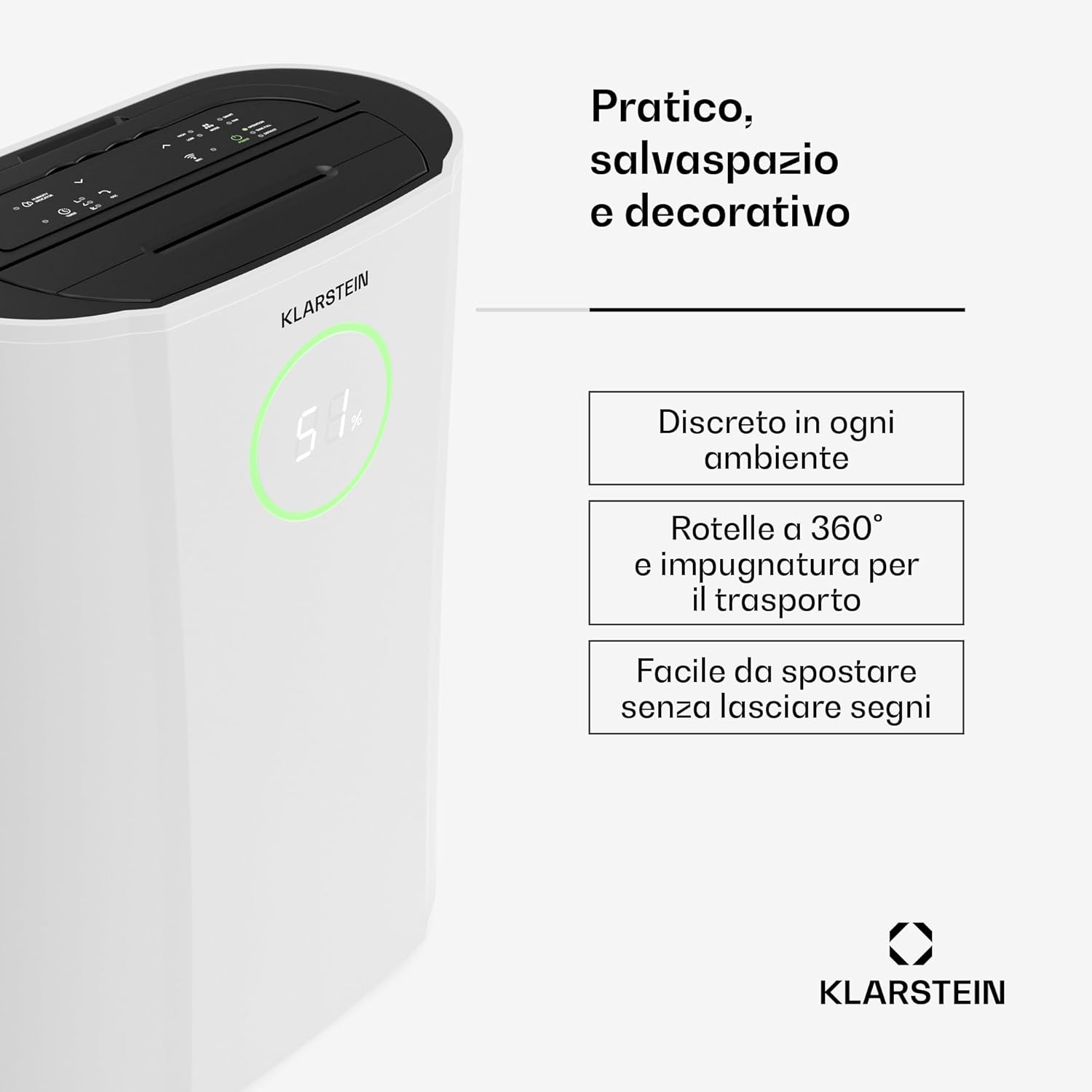 KLARSTEIN DryFy ProConnect 24L Deumidificatore Wi-Fi, Silenzioso, Timer 24h, Filtro HEPA, Portatile per Casa/Ufficio, Controllo umidità, Stanze Fino a 36m², Bianco