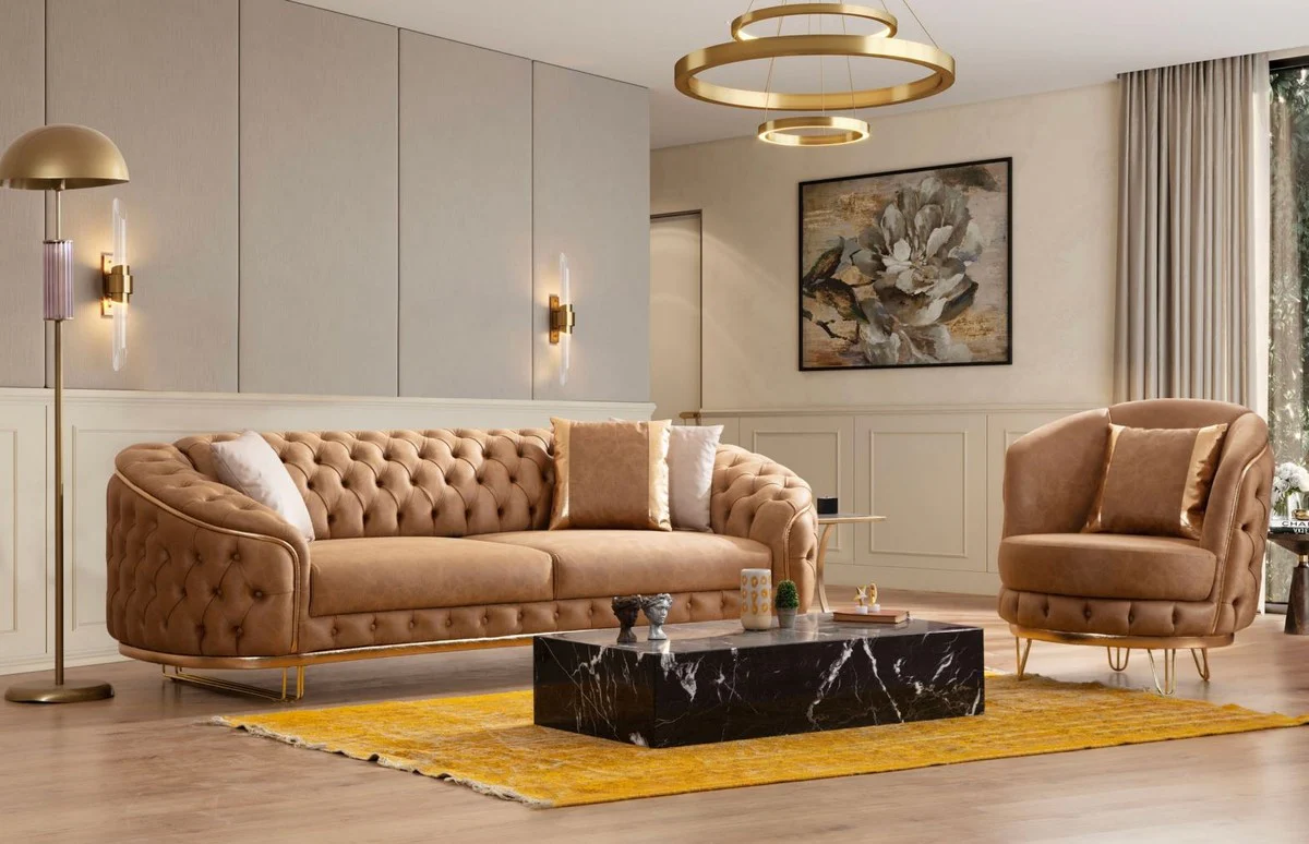 Luxury Chesterfield Living Room Set Vintage Brown / Brass - 2 Luxury Chesterfield Sofas & 2 Luxury Chesterfield Armchairs - Living Room Furniture - Luxury Furniture - Chesterfield Furniture