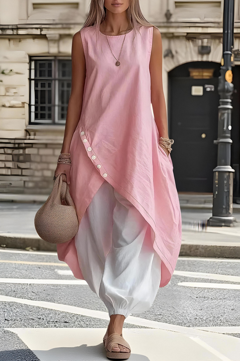 Women's Everyday Round-Neck Linen Midi Dress with Asymmetrical Hem and Pockets - Nordfashionstorm - Women's Clothing, Fashion for You - Nordfashionstorm.com