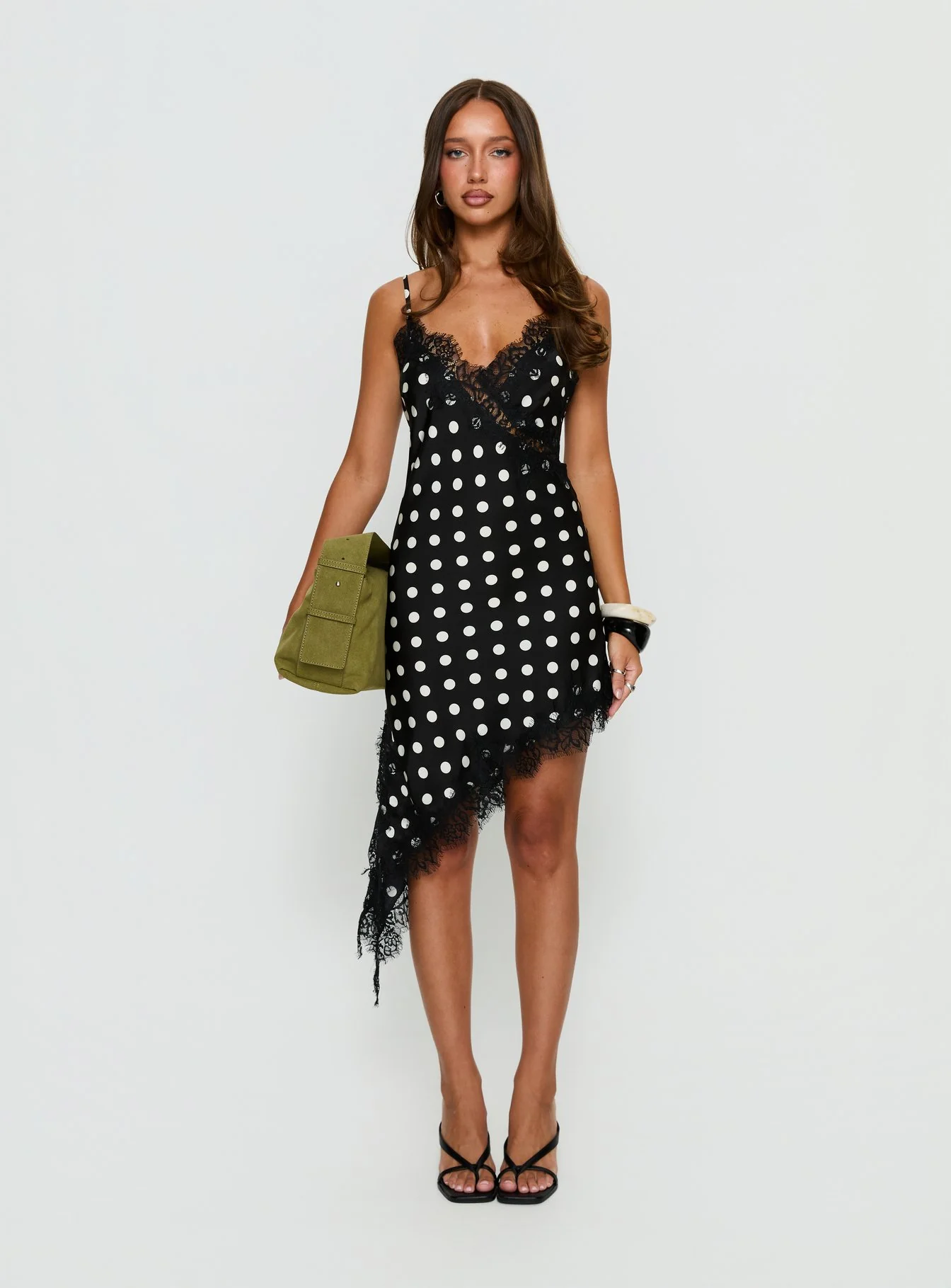 Afterdark Lace Asymmetrical Mini Dress Black Polka Dot