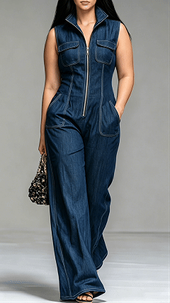 Women's Faux-Denim Retro Stand-Collar Sleeveless Zip-Front Jumpsuit - Nordfashionstorm - Women's Clothing, Fashion for You - Nordfashionstorm.com