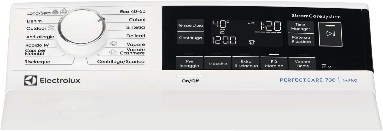 Electrolux 700 Lavatrice a Carica Dall'alto, 7 kg, EW7T337A, Classe A, Tecnologia SteamCare e Tecnologia SensiCare, Display LED con Touch Control, Giri 1251, 600x400x890 mm, Bianco