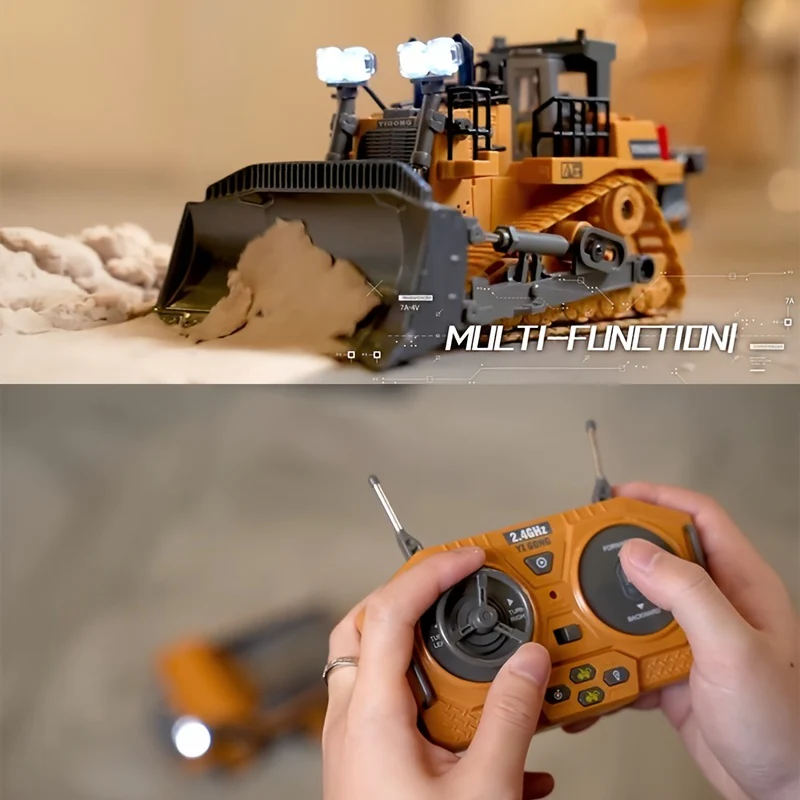 9 Channel Remote Control Bulldozer, 2.4GHz RC Construction Vehicle Truck Toy with Alloy Metal Cap, Light Sound, Rechargeable 2 Batteries for Boys and Girls Ages 3 4 5 6 7 8 Years Old