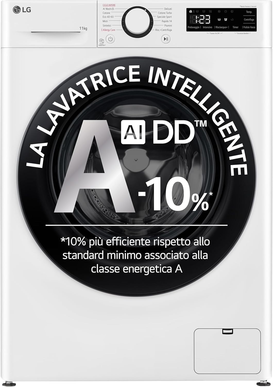 AI DD F4R3011NSWB Lavatrice Carica Frontale Serie R3, 11kg, 1400 giri, AIWash, Lavaggio a vapore, Motore Direct Drive, Smart Diagnosis, Libera installazione, Bianca, 60 x 85 x 56.5 cm