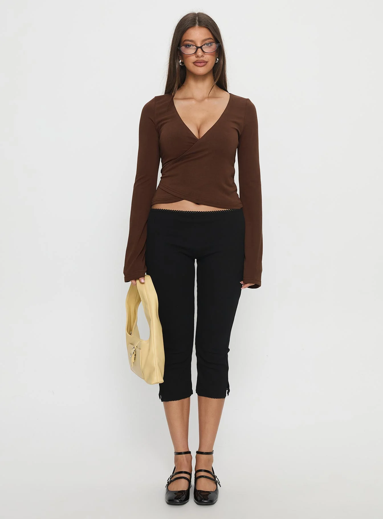 Stefanee Long Sleeve Wrap Top Brown