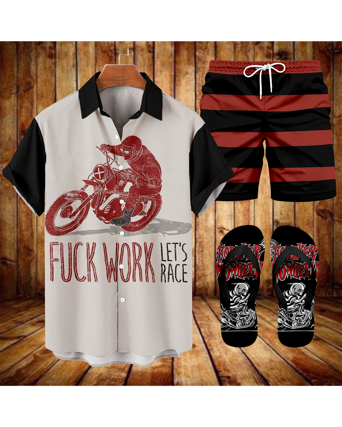 Suitmens Men's Modified Motorcycle Print Shirt Three-Piece Set 068