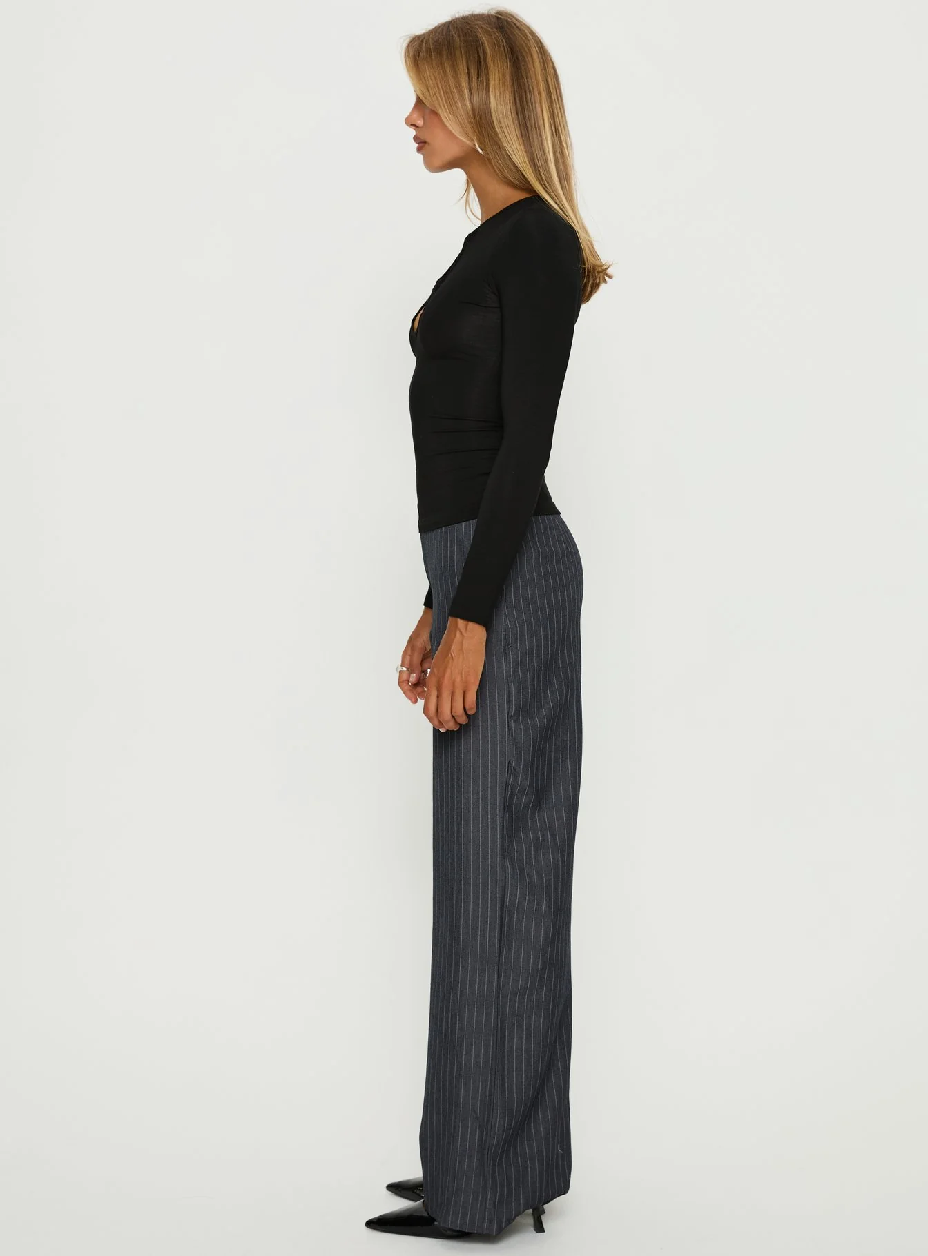 Khane Low Rise Wide Leg Pant Charcoal Pinstripe