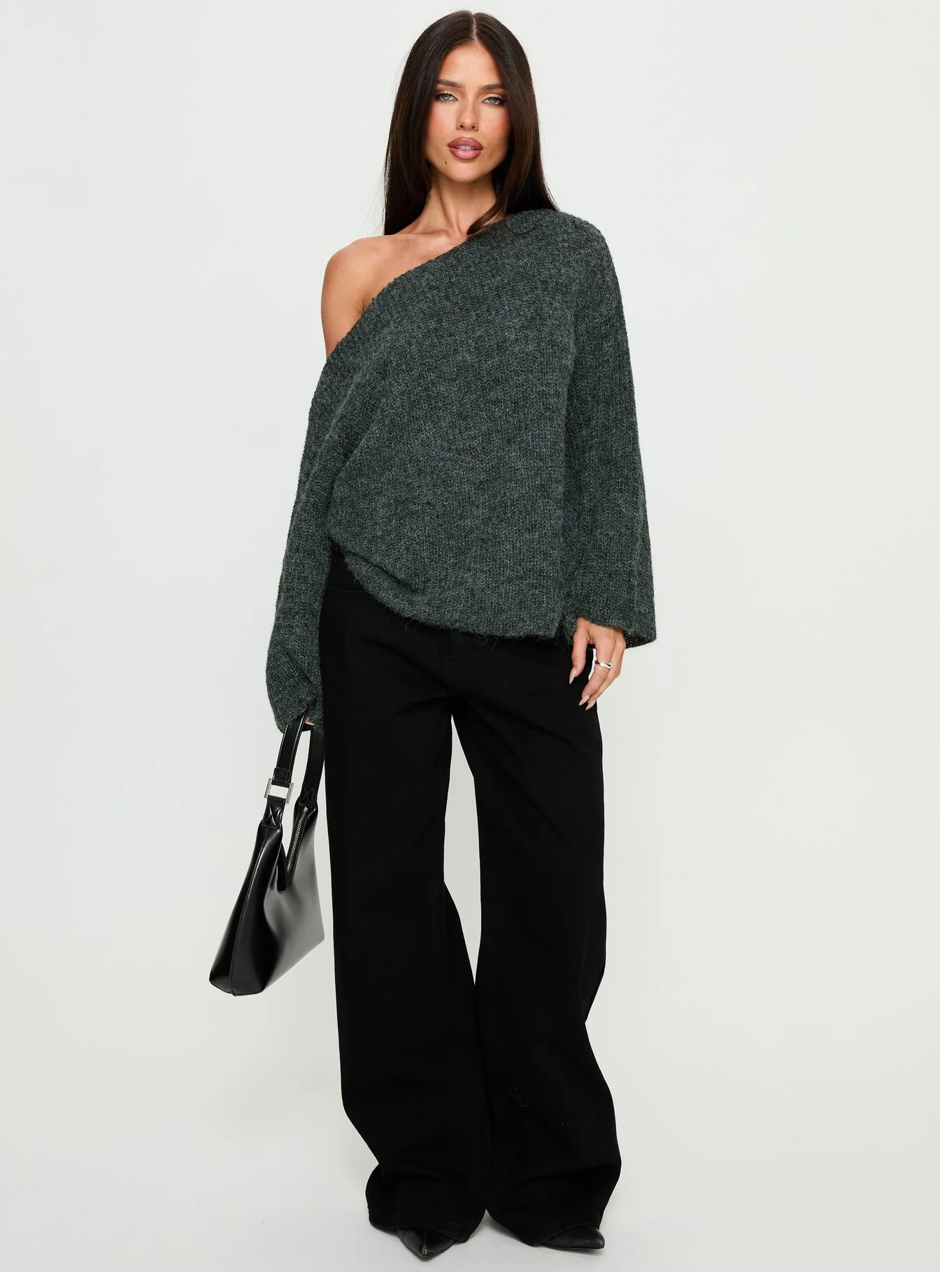 Delyn Off Shoulder Slouchy Knit Sweater Black Marle