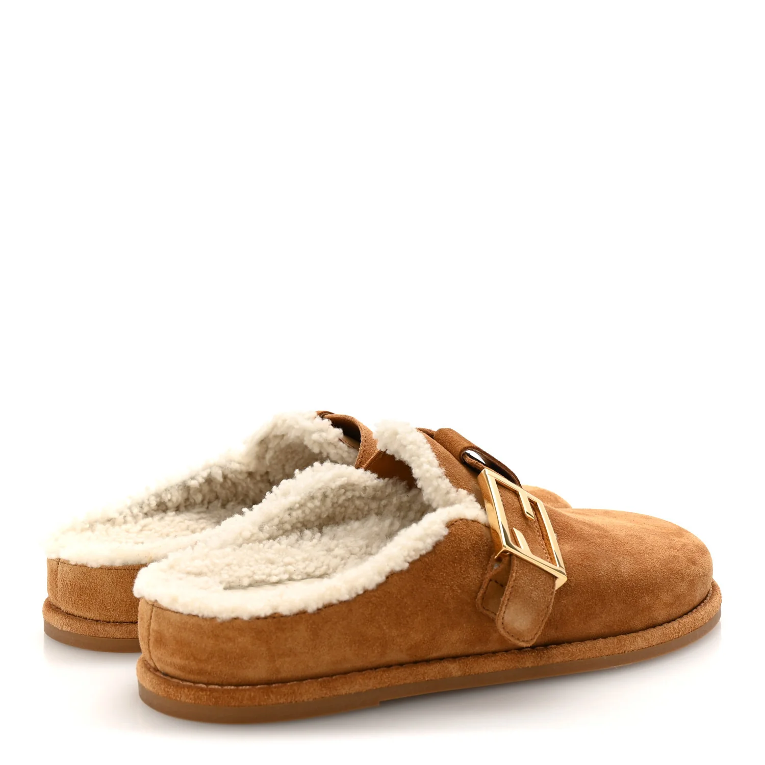 Suede Shearling Fendi Feel Buckled Clogs 38 Caramel Latte - Top Club