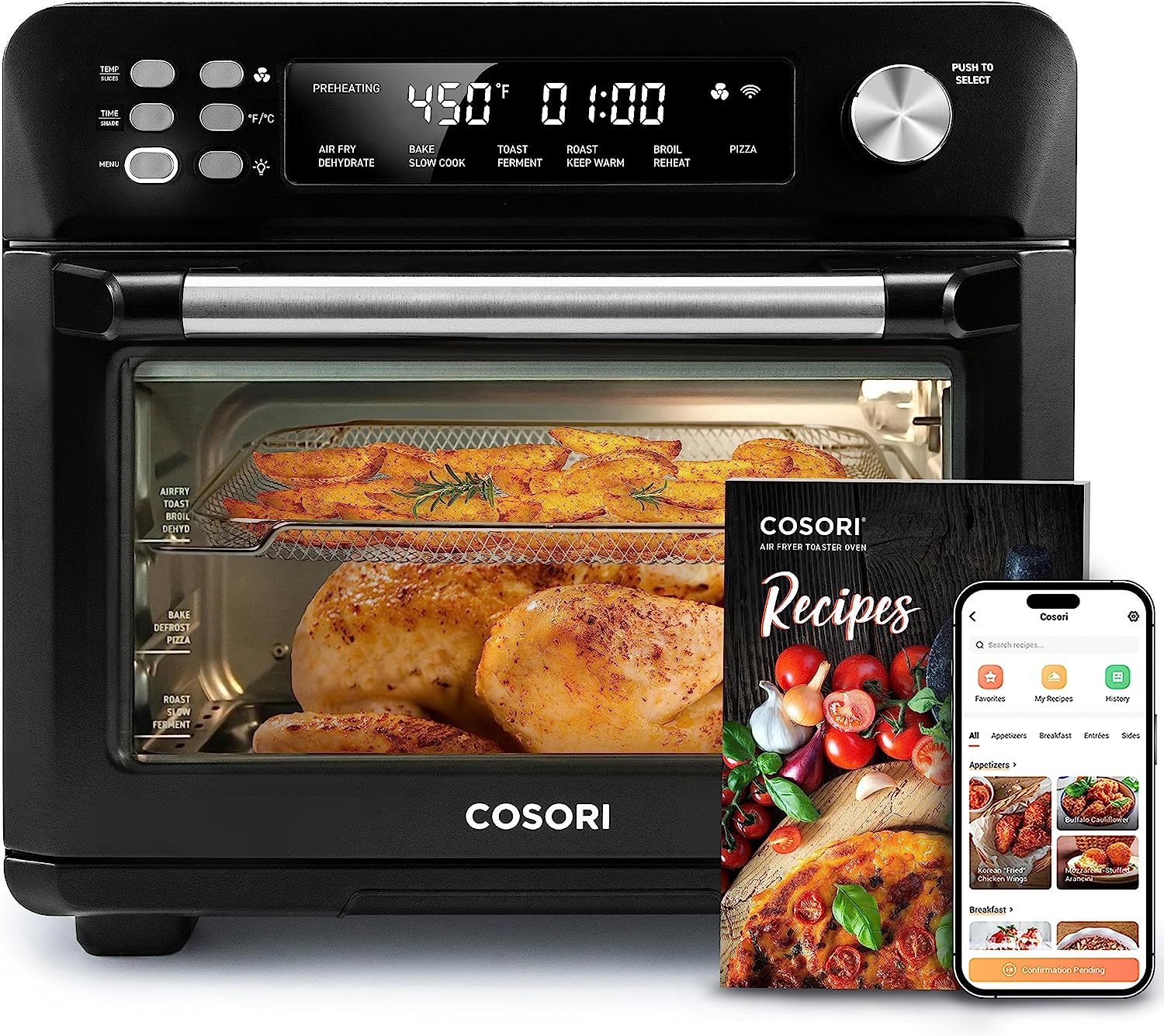 COSORI Toaster Oven Air Fryer Combo, 12-in-1, 26QT Convection Oven Countertop, with Toast, Bake and Broil, Smart, 6 Slice Toast, 12'' Pizza, 75 Recipes & Accessories, black