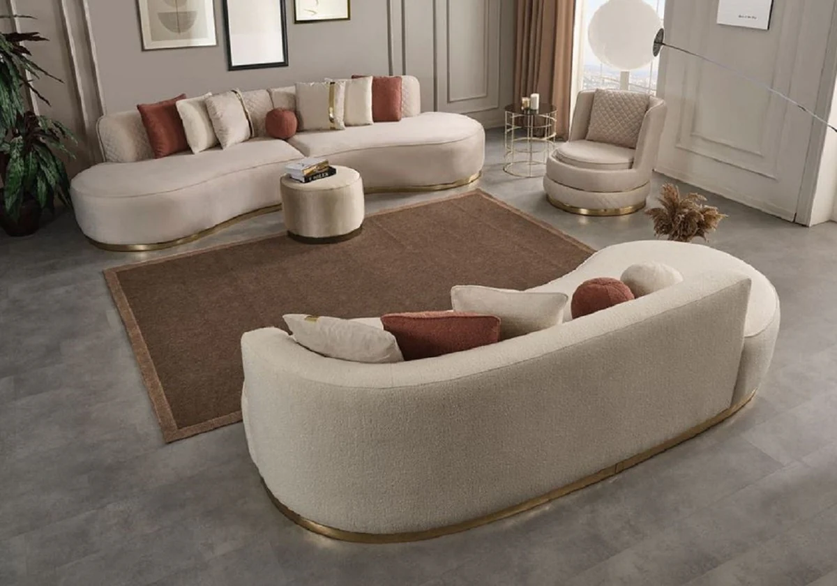 Luxury living room set cream / gold - 2 luxury sofas & 1 luxury swivel chair & 1 luxury stool - living room furniture - luxury furniture - luxury furnishings - living room furnishings