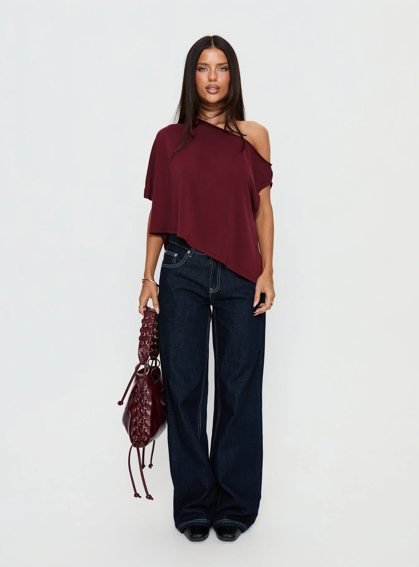 Passerby Asymmetrical Off Shoulder Top Burgundy