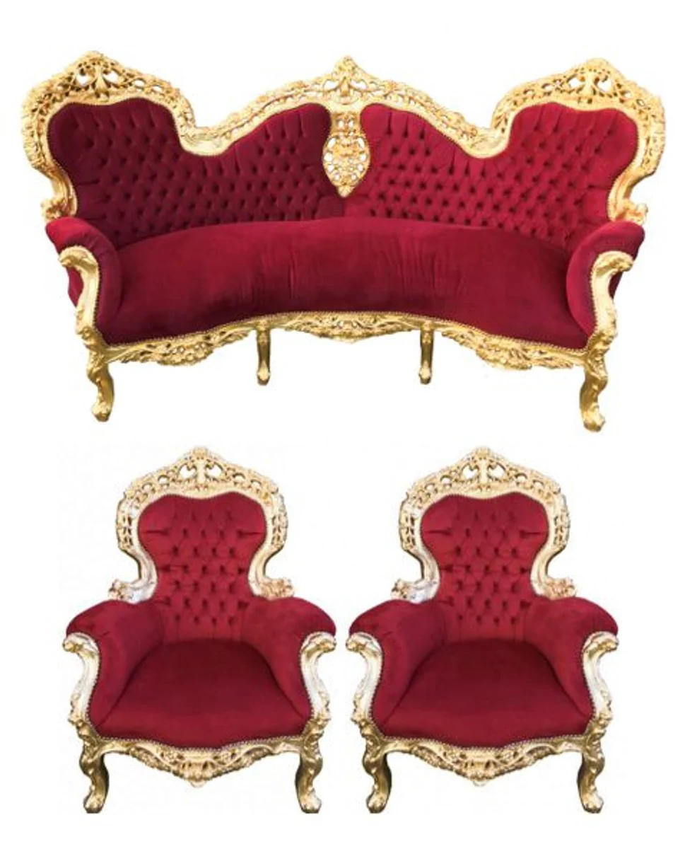 Barock Sofa Garnitur Bordeaux/Gold + 2 Sessel - Wohnzimmer Barock - Limited Edition
