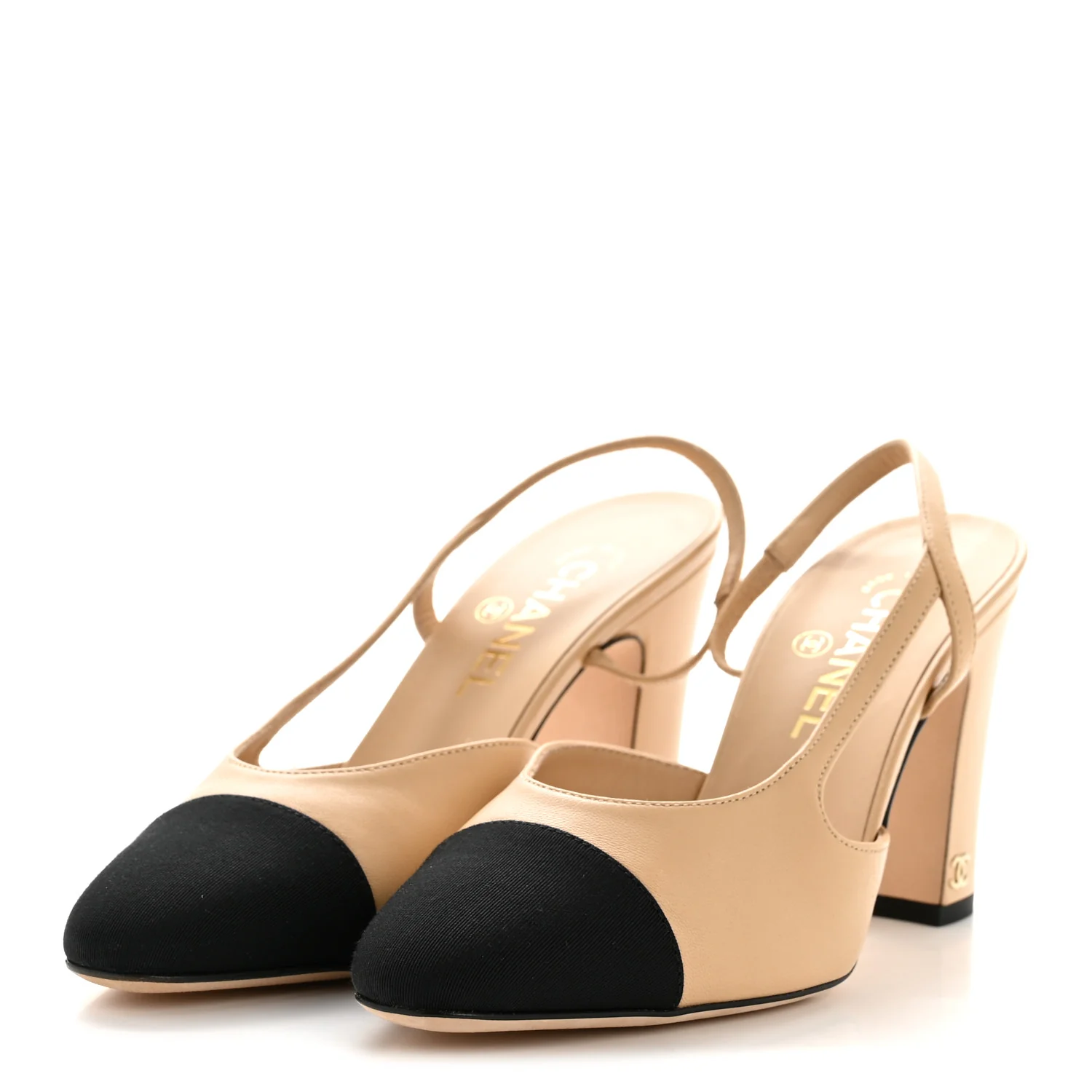 Goatskin Grosgrain Cap Toe CC Slingback Pumps 38.5 Beige Black - Top Club