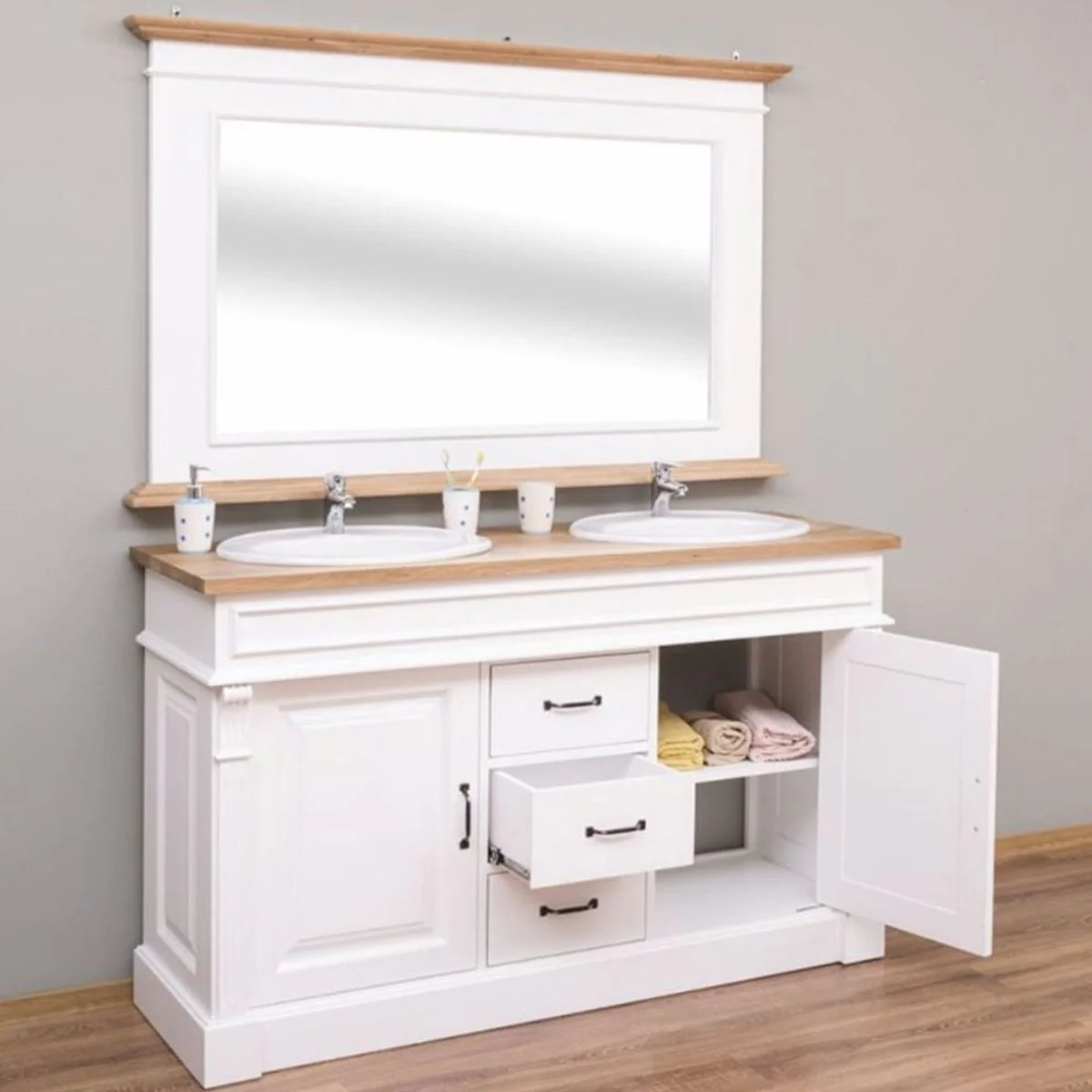 Country house style double washbasin cabinet white / natural color 150 cm
