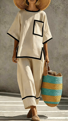 Women's Casual & Commuter Two-Piece Set: Comfortable, Loose-Fit Cotton-Linen Outfit with Round Neckline - Nordfashionstorm - Women's Clothing, Fashion for You - Nordfashionstorm.com