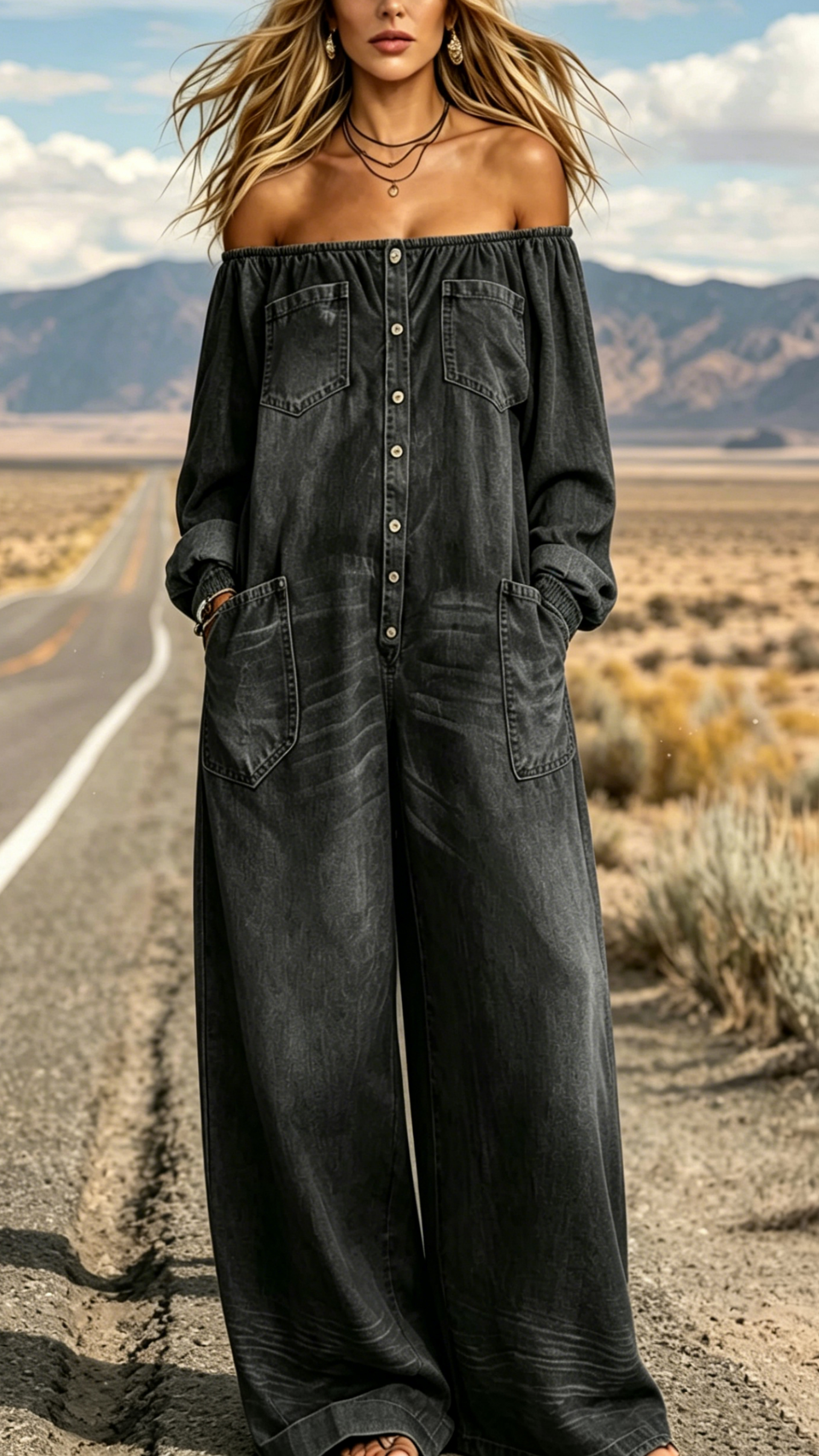 Women's Single-Breasted, Off-Shoulder, Washed Faux-Denim Jumpsuit - Nordfashionstorm - Women's Clothing, Fashion for You - Nordfashionstorm.com
