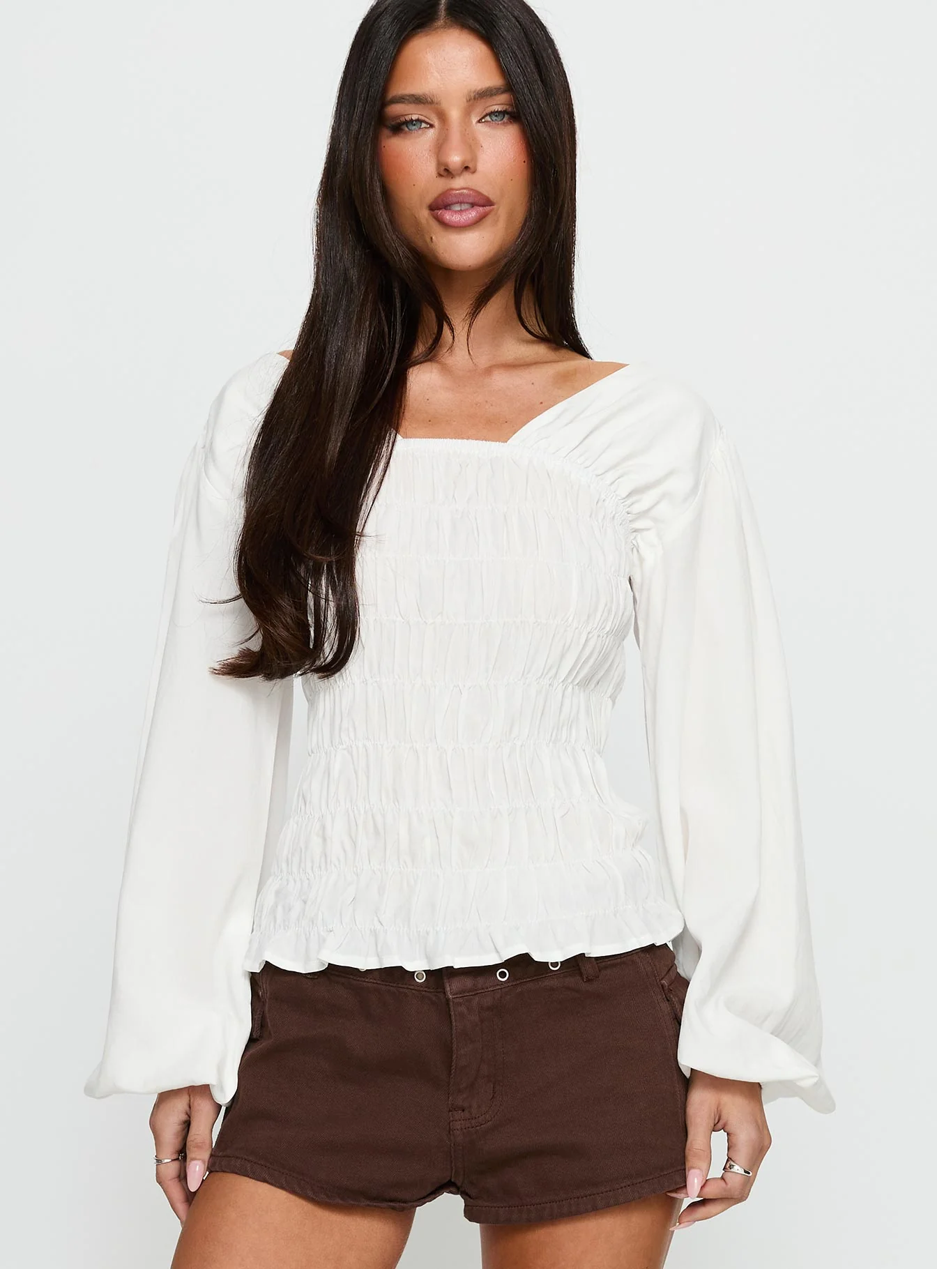 Lynnea Long Sleeve Shirred Top White