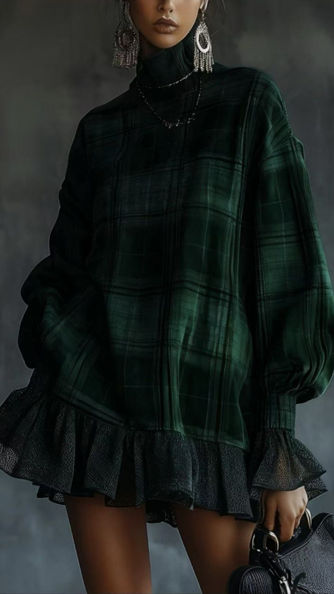 Women's Cotton‑blend Plaid Turtleneck Lantern‑sleeve Ruffled Loose Mini Dress - Nordfashionstorm - Women's Clothing, Fashion for You - Nordfashionstorm.com