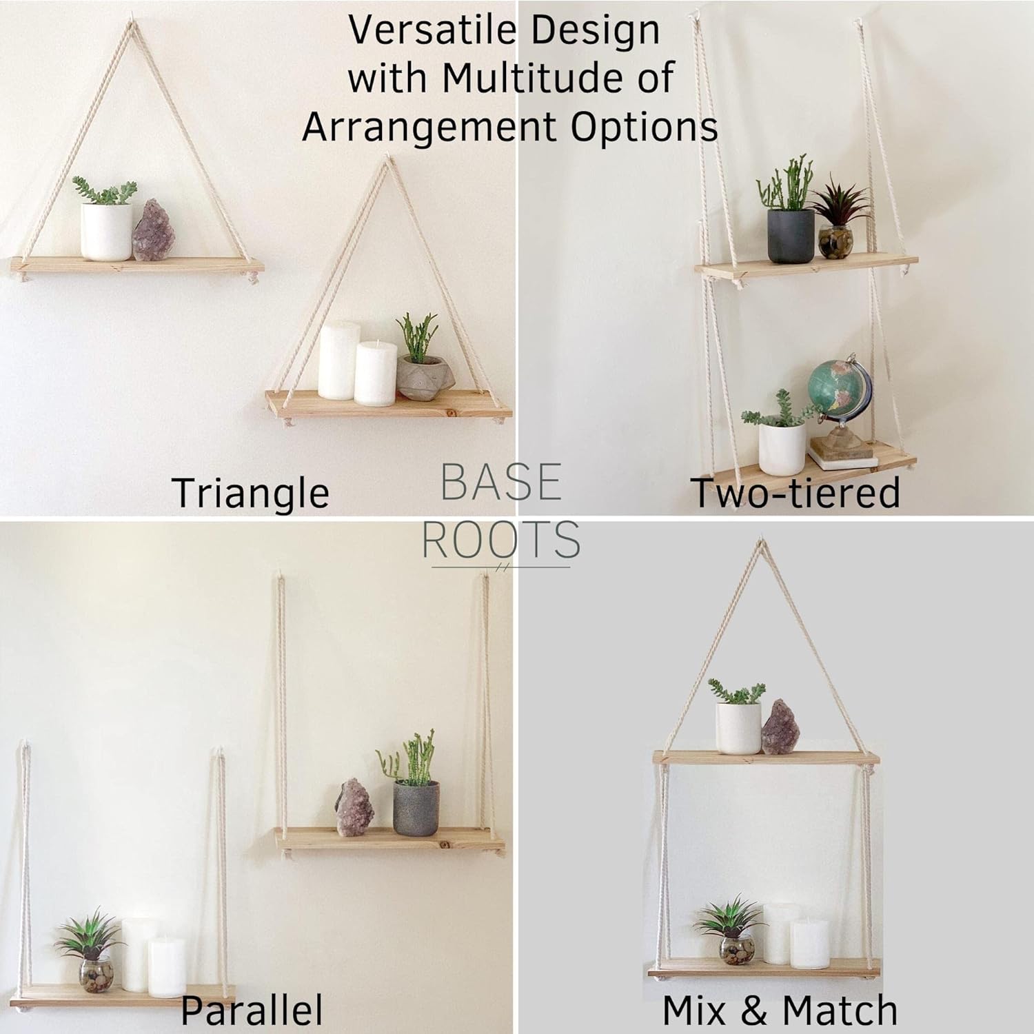 BASE ROOTS Hanging Shelves for Wall [Set of 2 w/Hooks] Wooden Shelf Macrame Rope, Natural Light Reclaimed Wood, Moon Phase Wall Hanging, Handmade Hammered Silver Metal 13 Moons 36