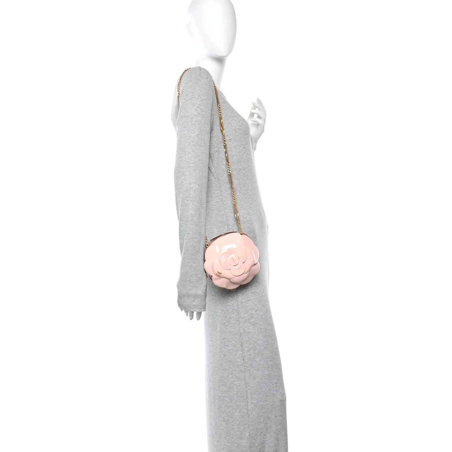 Patent Lambskin Camellia Bouquet Clutch With Chain Light Pink