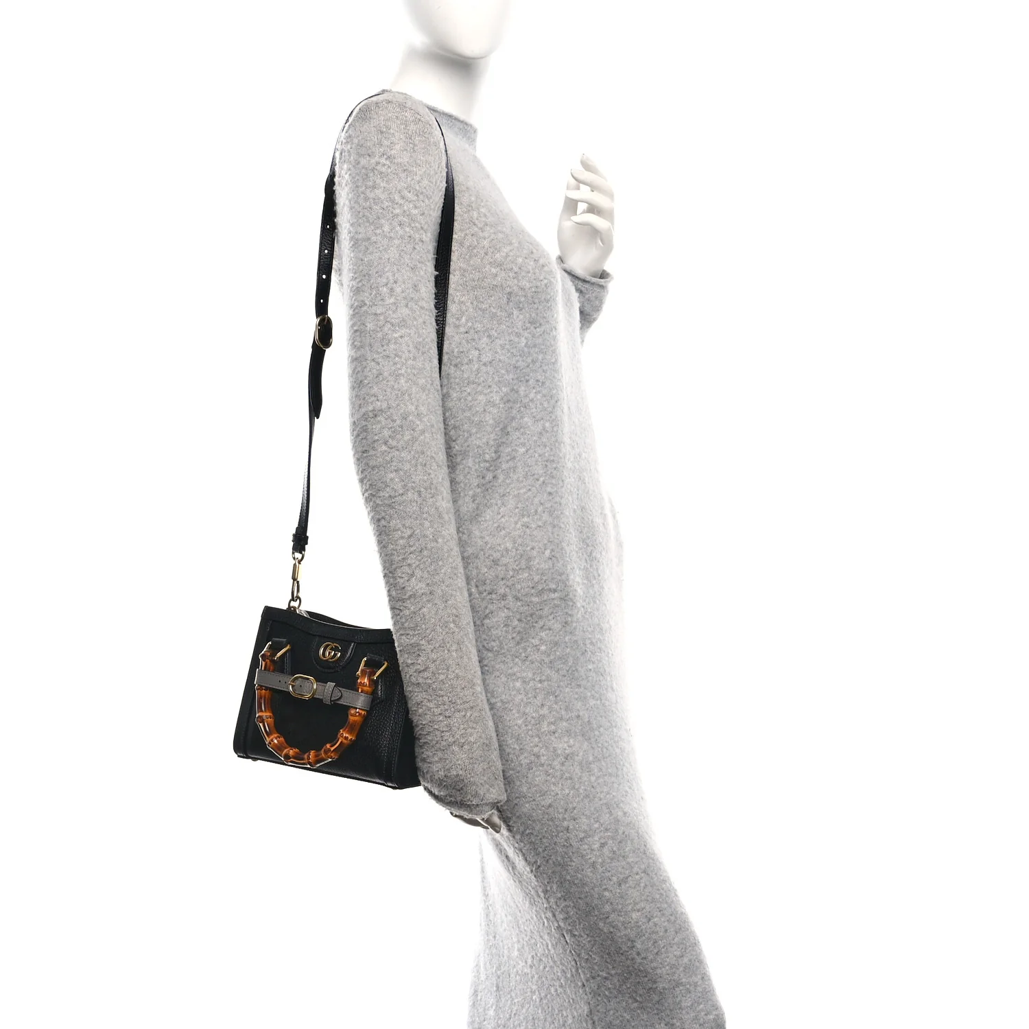 Textured Dollar Calfskin Web Mini Diana Tote Bag Black