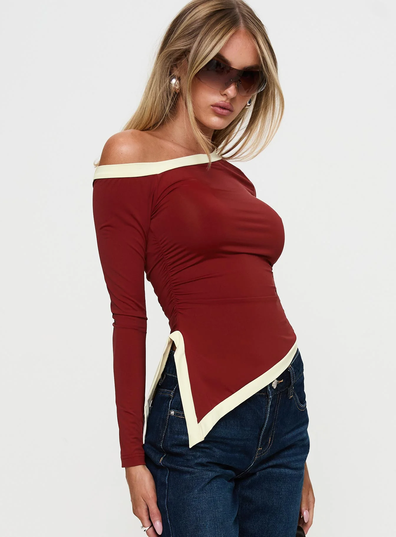 Fake Smile Long Sleeve Top Burgundy / Cream