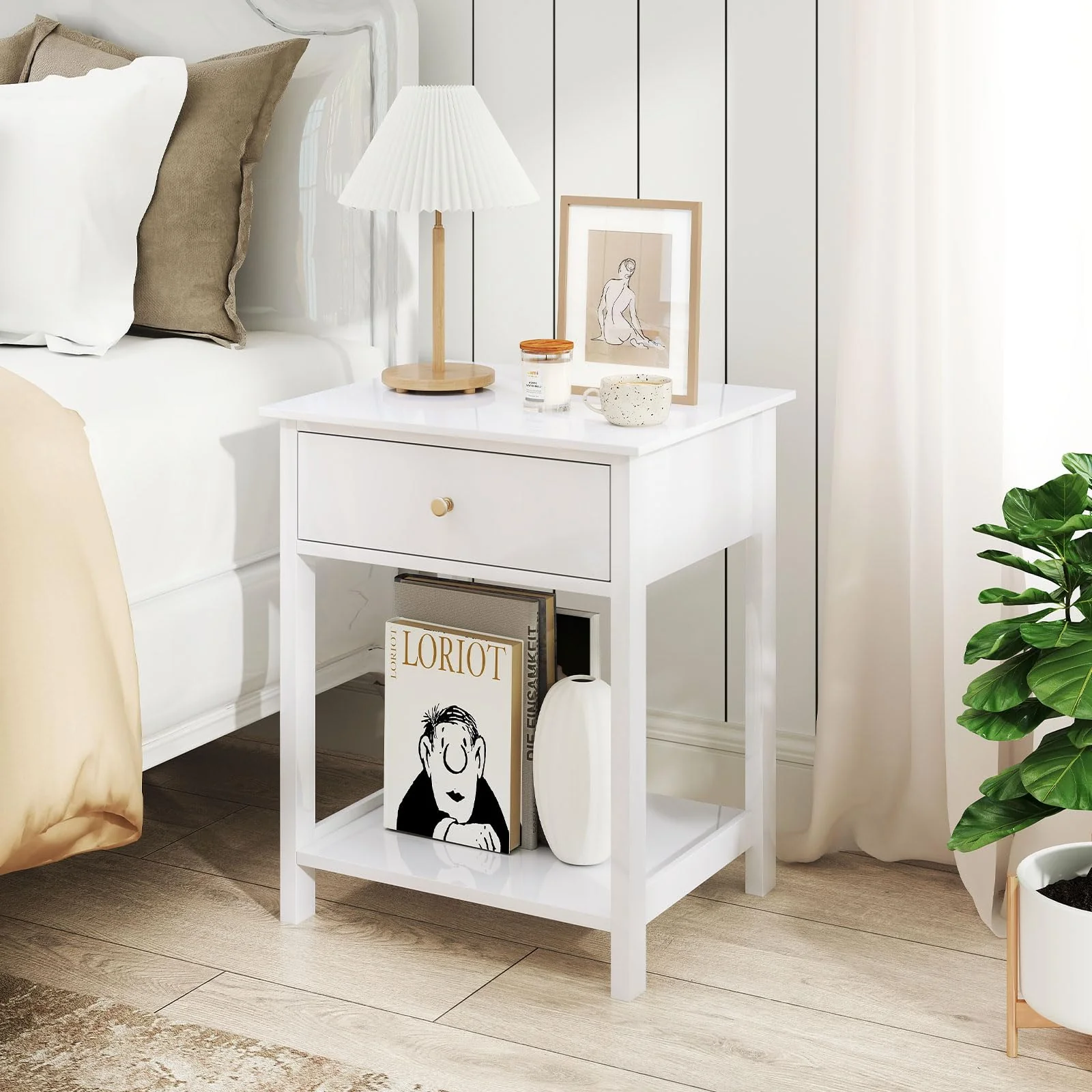 BEFOUNDLOVELY Wood Nightstand with Drawer & Open Shelf