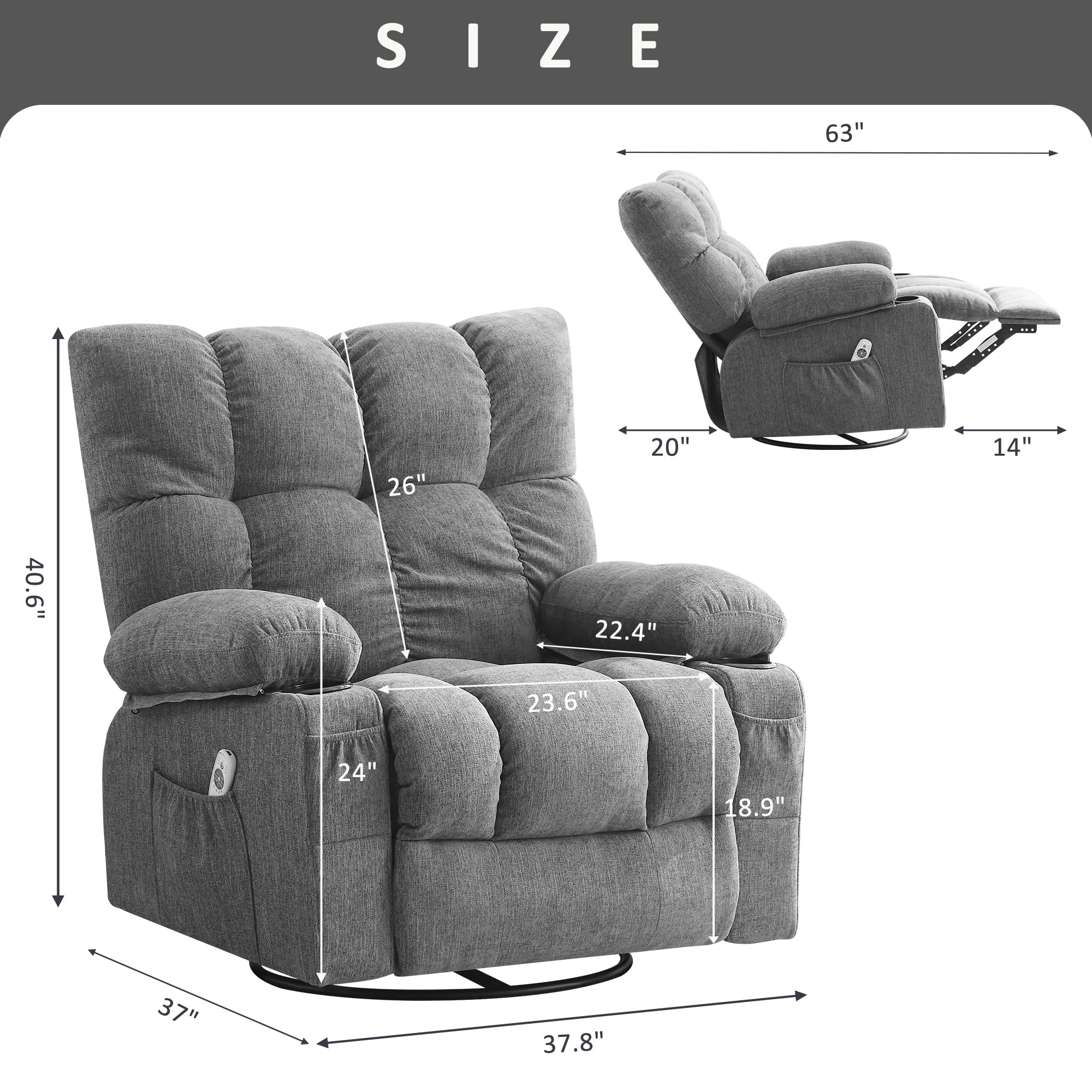 JONPONY Manual Recliner Chair with Heat Therapy and Massage Function, Heavy Duty Reclining Mechanism Massage Chair, Elderly Single Rocker Sofa with Cup Holders for Bedroom Home Theater, Grey