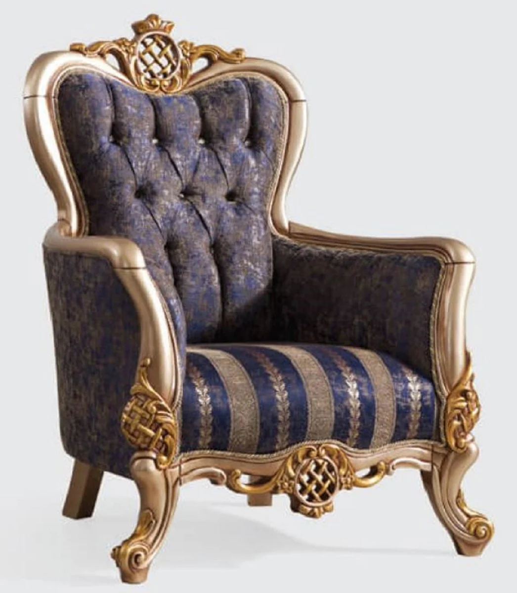 Luxury Baroque Living Room Set Blue / Silver / Gold - 2 Sofas & 2 Armchairs & 1 Coffee Table - Handcrafted Living Room Furniture in Baroque Style - Noble & Magnificent