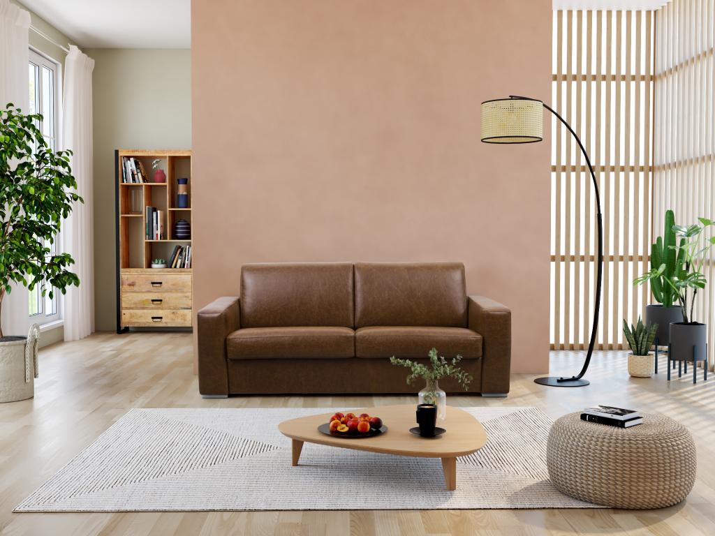Sofá cama de 3 plazas con apertura italiana 100% piel de búfalo vintage caramelo colchón 22 cm DELECTEA II