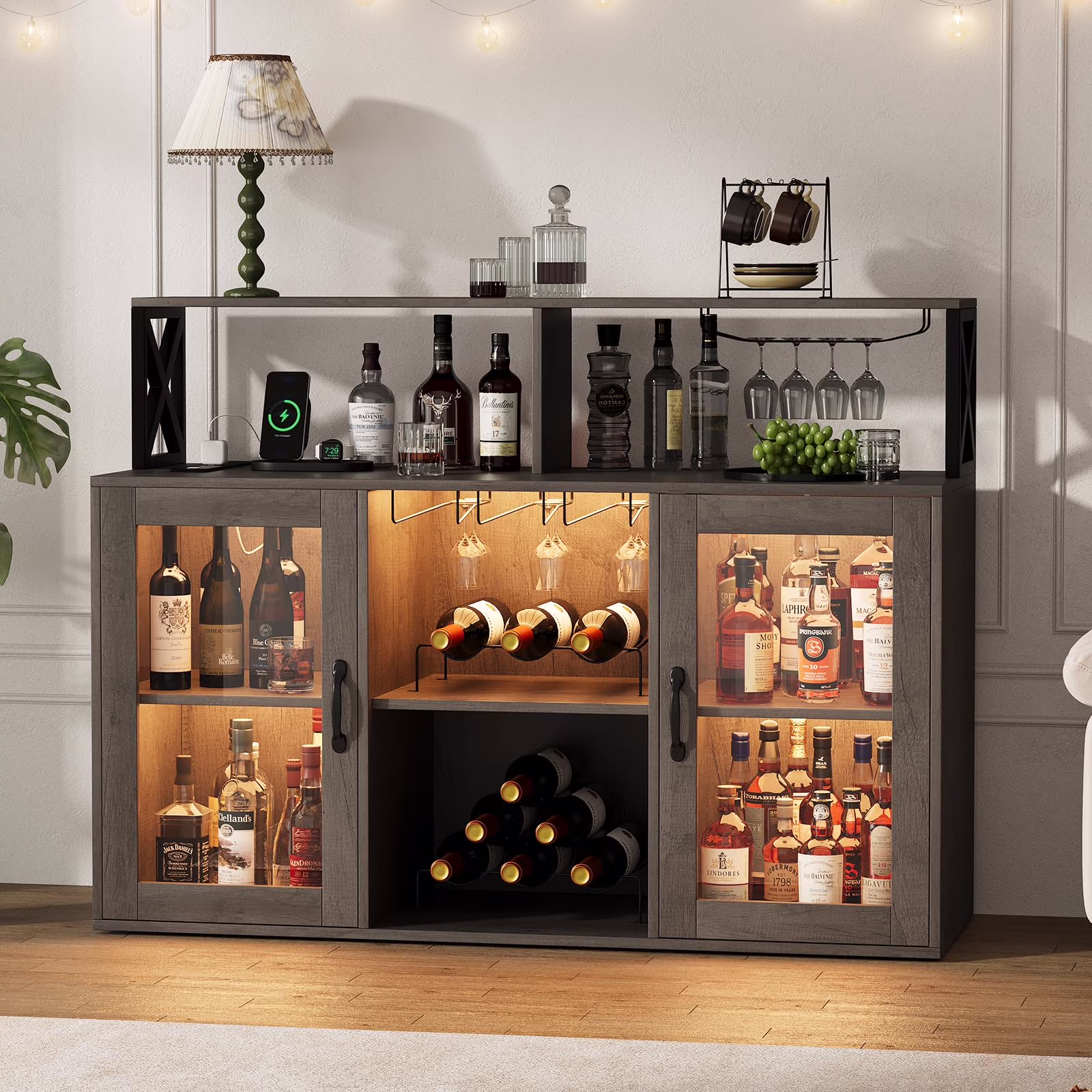 Bar Cabinet with Storage Shelves, Coffee Bar Cabinet with LED Lights, Liquor Cabinet with Wine Rack and Glass Goblet Holder, Kitchen Sideboard Buffet Cabinet for Home, Kitchen, Dining Room