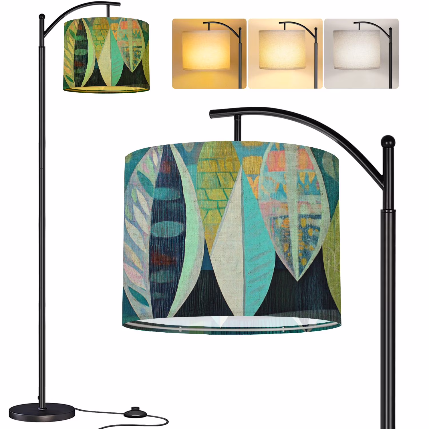 Arc Floor Lamp Mid Century Neutral Boho Abstract Geometric Plant Modern Bohemian Tall Modern Standing Lamp LED Adjustable Linen Lampshade 3 Color Temperatures